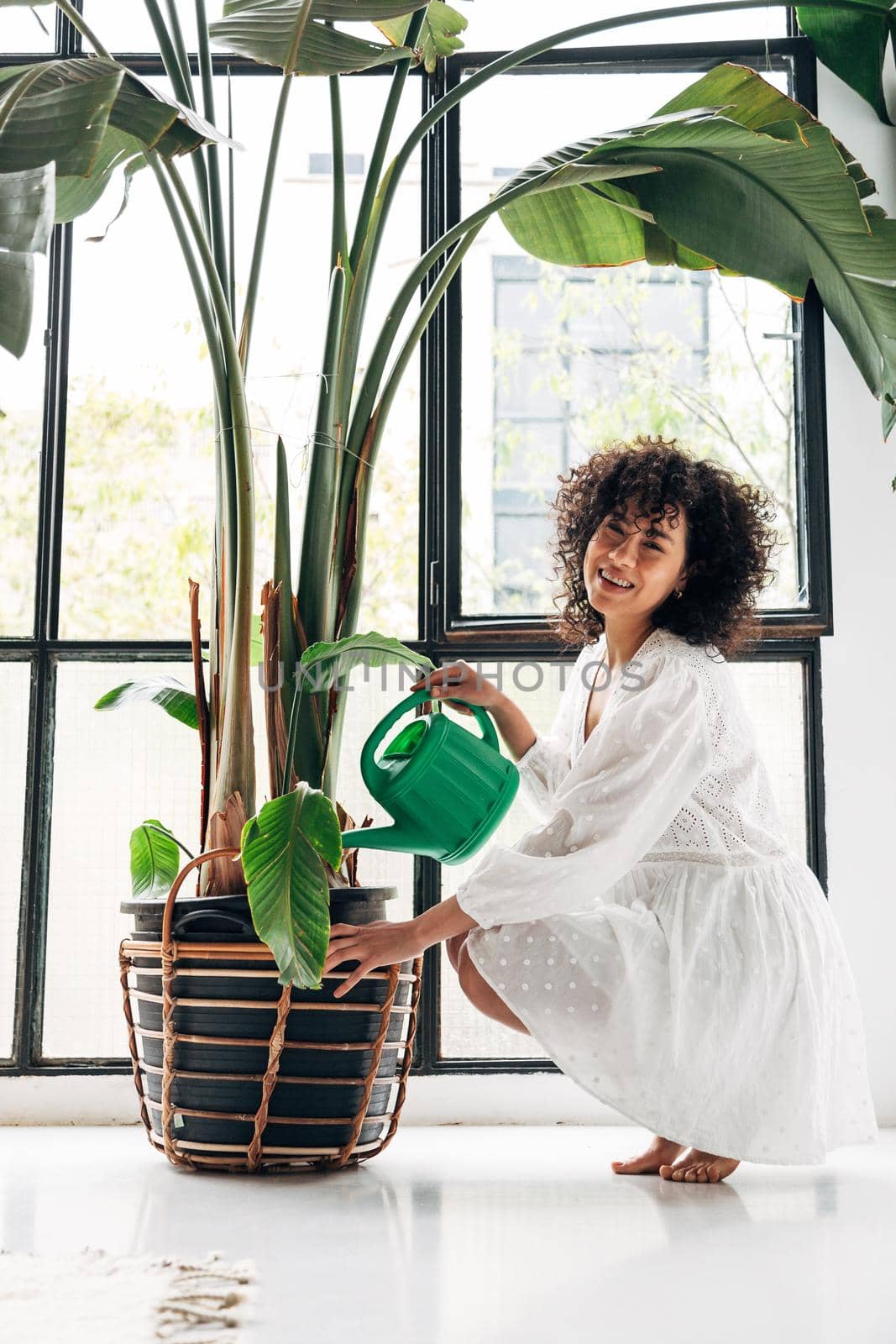 Smiling young mixed race woman watering large houseplant at home looking at camera. Vertical image. Lifestyle concept.