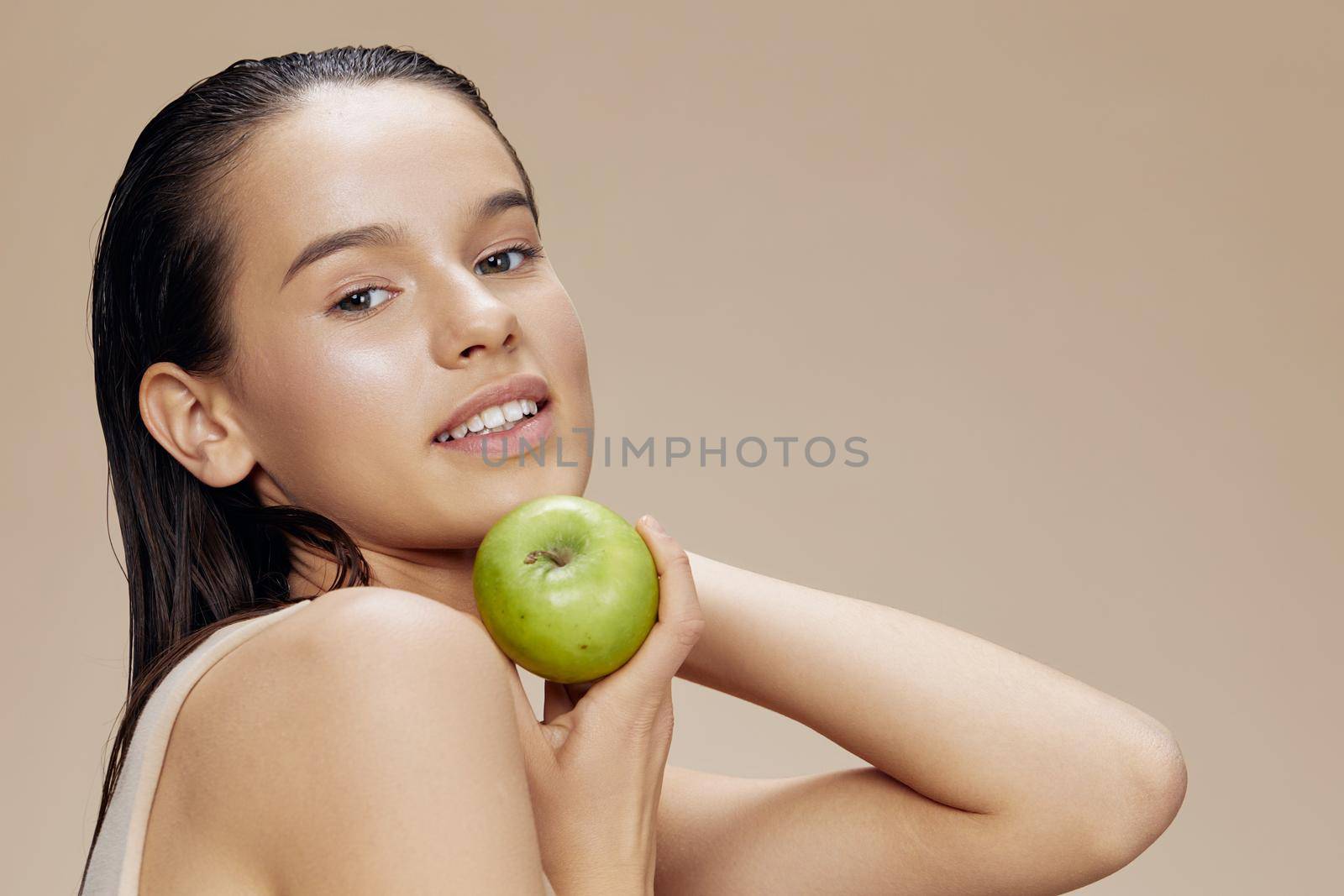 young woman happy smile green apple health isolated background. High quality photo