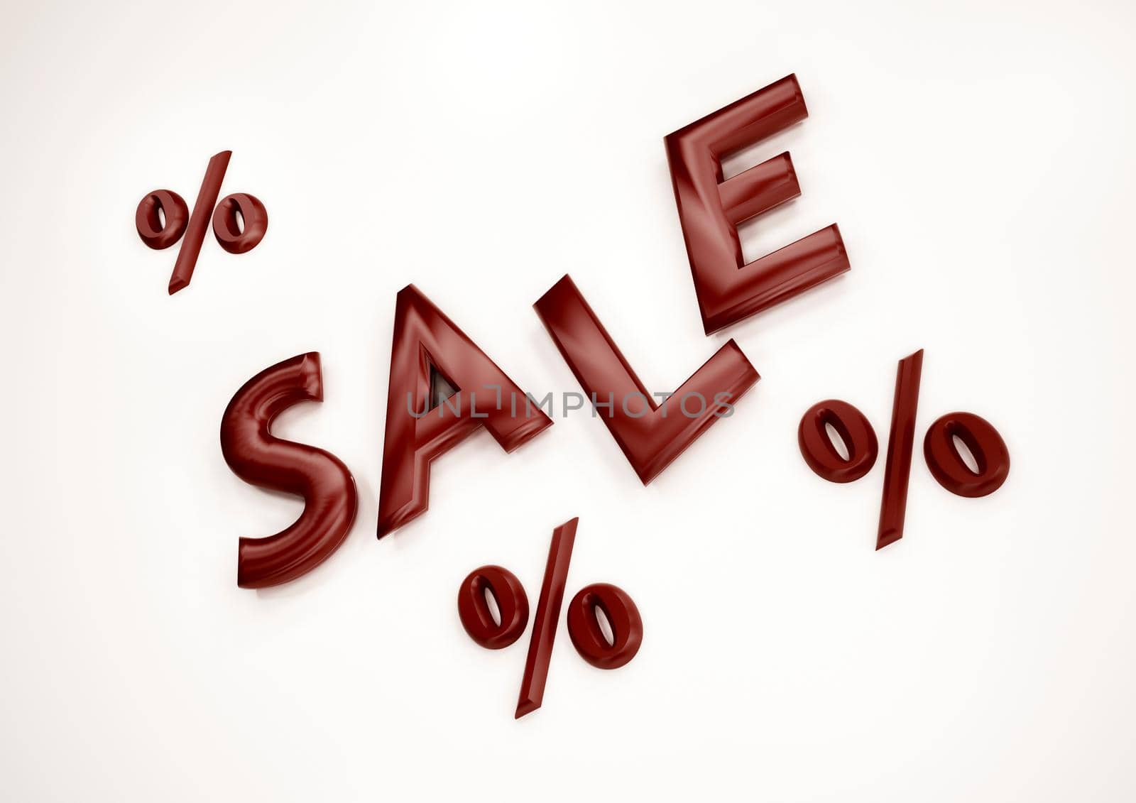 Dimensional inscription of SALE and percents near it. 3D illustration.