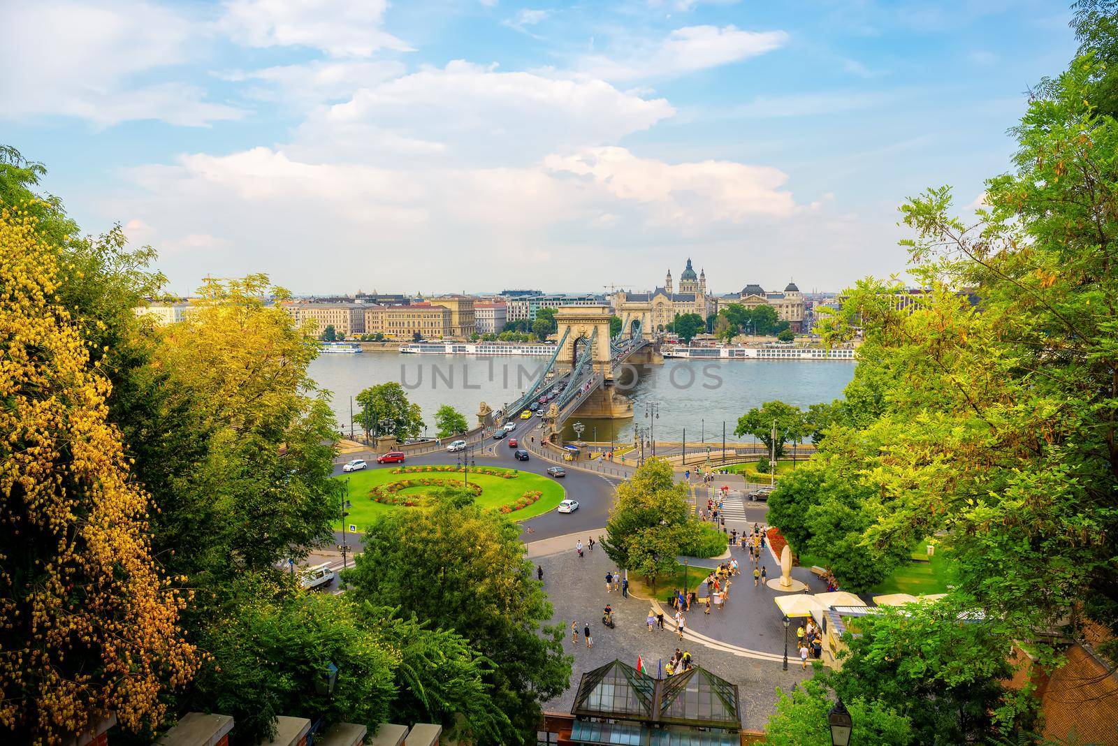 View on ancient Chain bridge in Budapest at summer