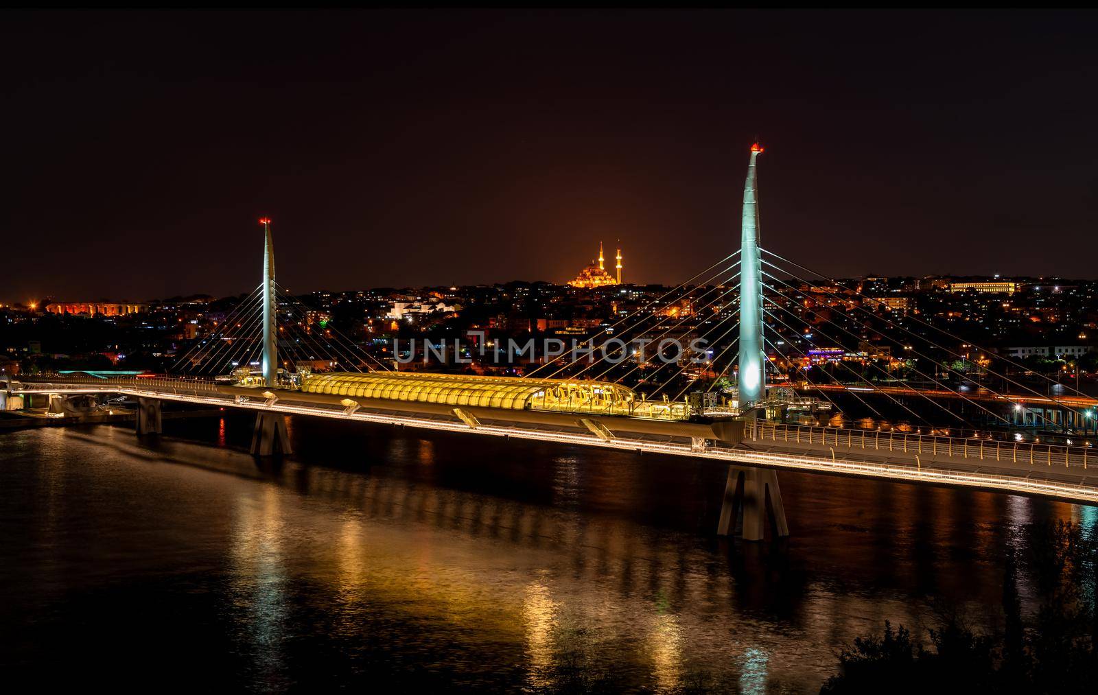 Halic Metro Bridge in Istanbul at night, Turkey