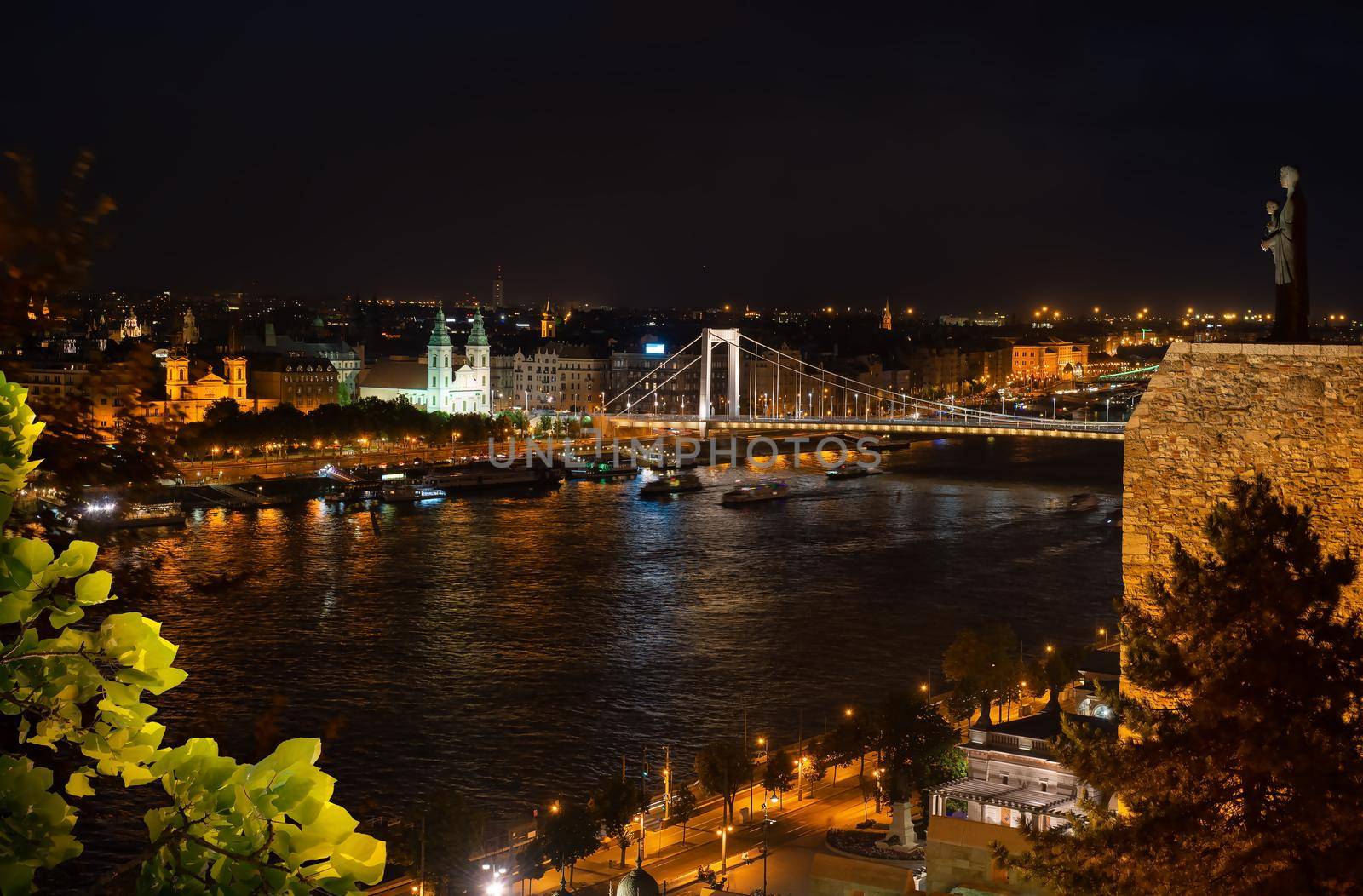 Panoramic view on illuminated Budapest in evening, Hungary