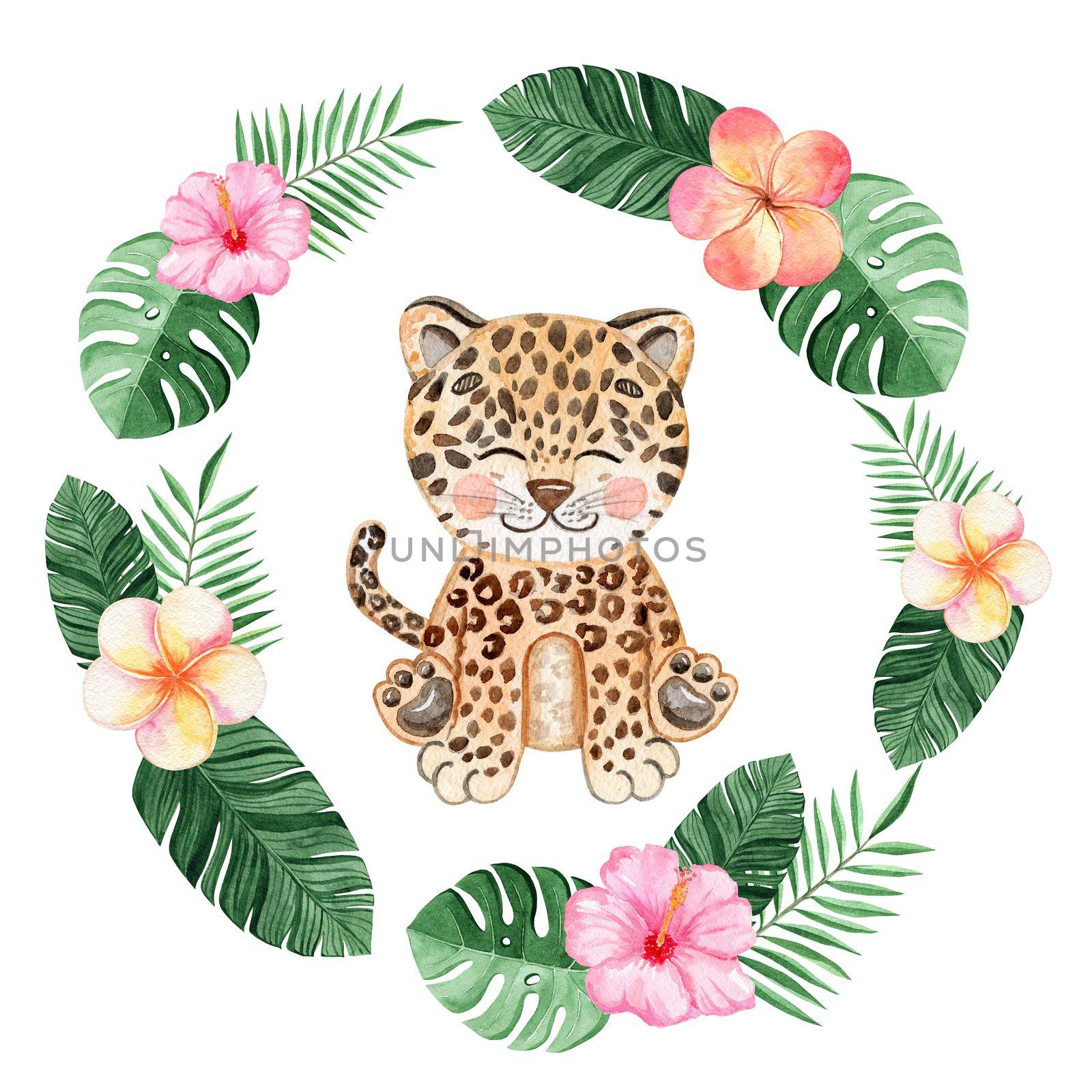 watercolor cute leopard and tropical flowers decoration isolated on white background