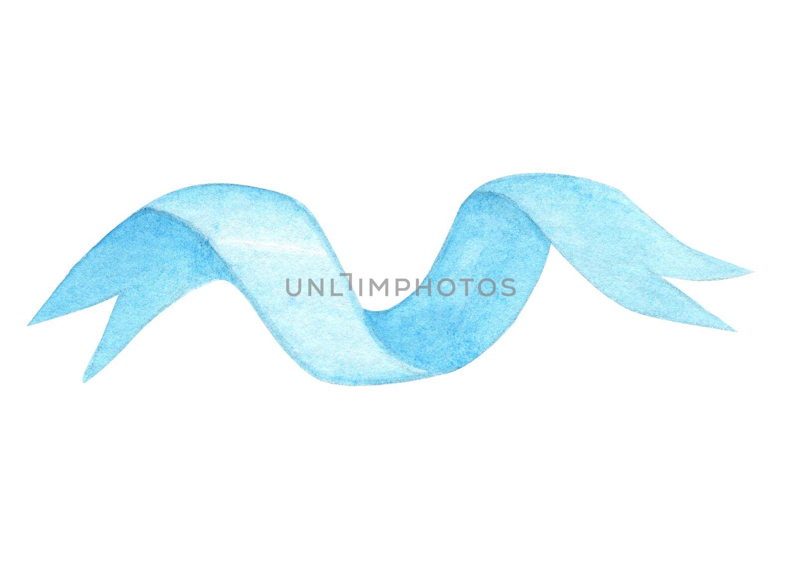 watercolor hand drawn blue curly ribbon on white background by dreamloud