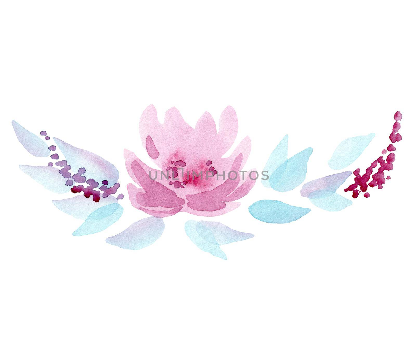 watercolor pink flower and leaves isolated on white background for wedding invitations and cards decoration by dreamloud