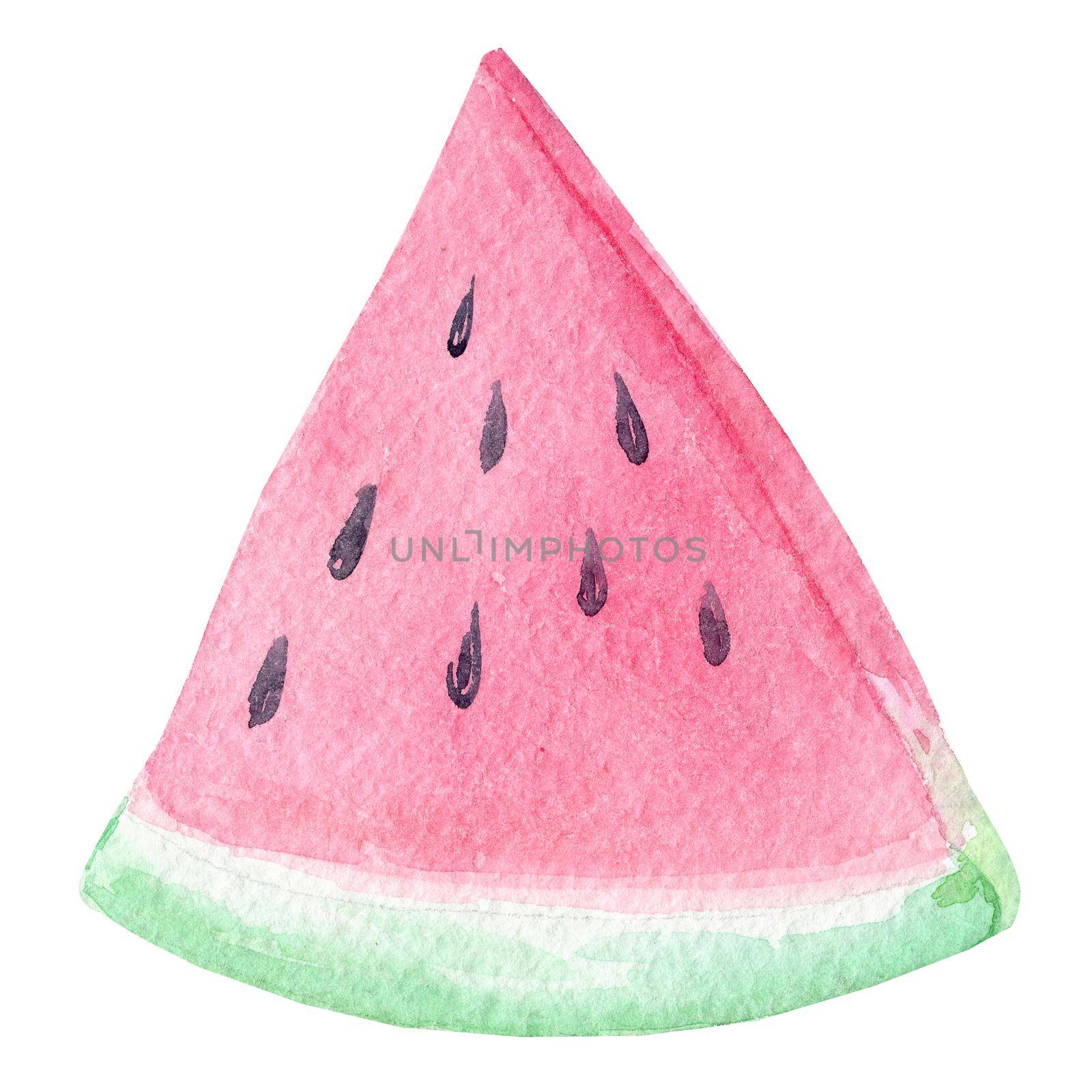 watercolor pink watermelon triangle slice with black seeds isolated on white background