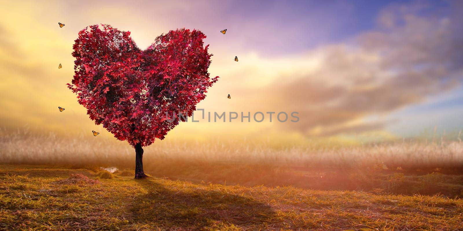 Heart Tree Love For Nature Red Landscape At Sunset by sarayut_thaneerat
