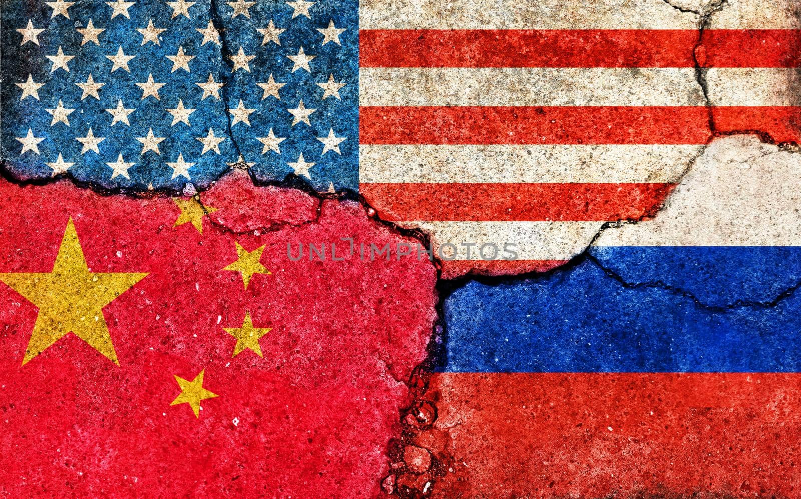 Grunge flags illustration of three countries with conflict and political problems (cracked concrete background) | USA, China and Russia by barks