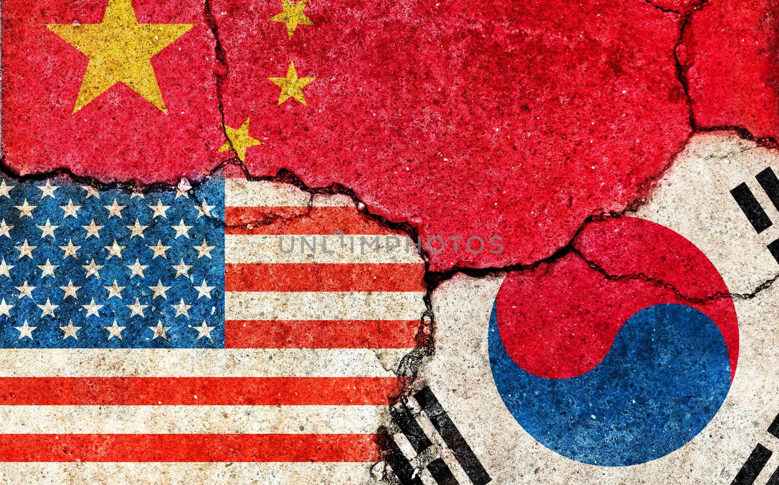 Grunge flags illustration of three countries with conflict and political problems (cracked concrete background) | China, USA and South korea by barks