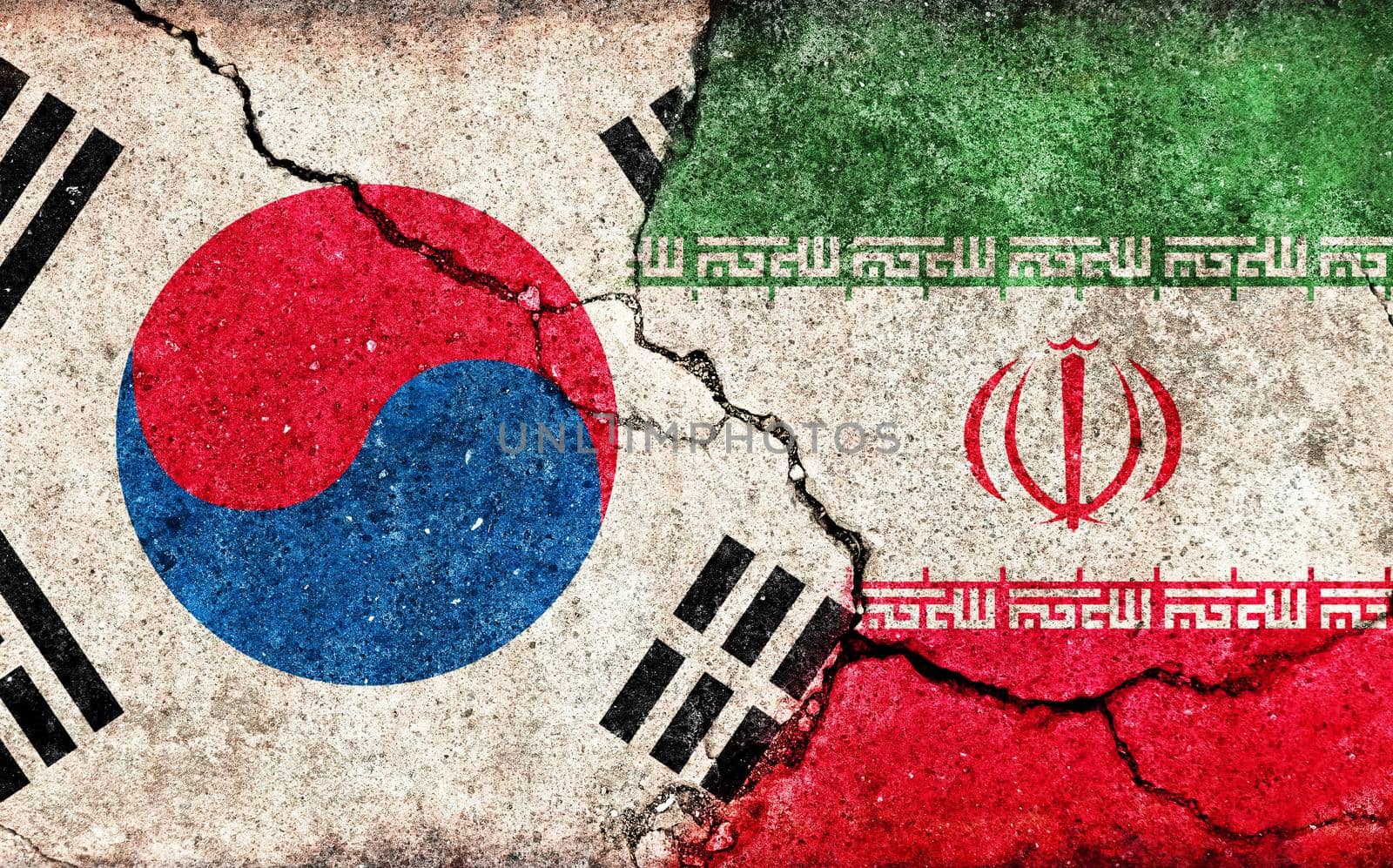 South korea vs Iran (Economical or Political conflict). Grunge country flag illustration (cracked concrete background)