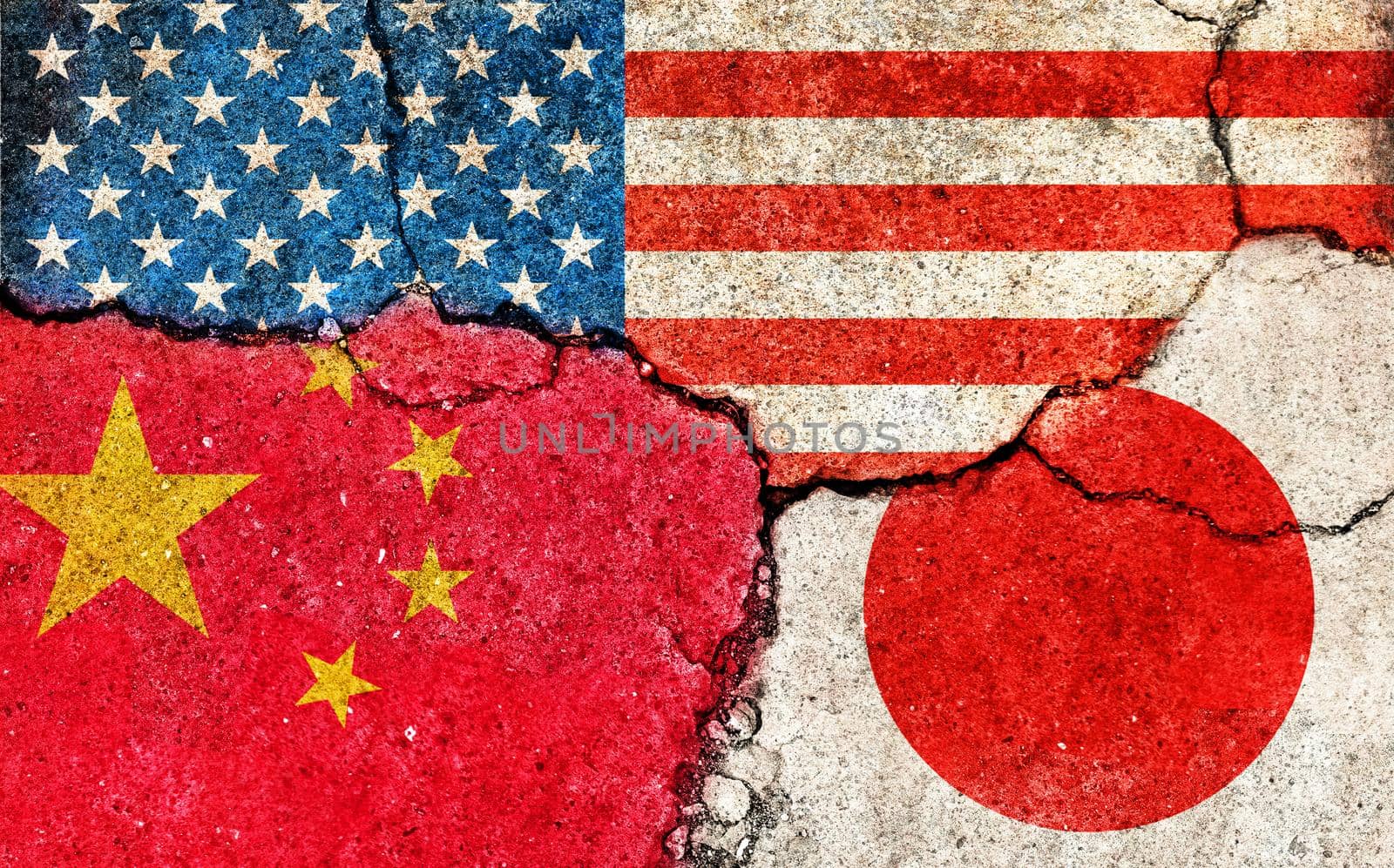 Grunge flags illustration of three countries with conflict and political problems (cracked concrete background) / China, USA and Japan