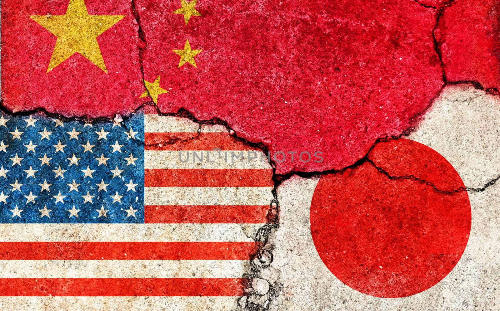 Grunge flags illustration of three countries with conflict and political problems (cracked concrete background) / China, USA and Japan by barks