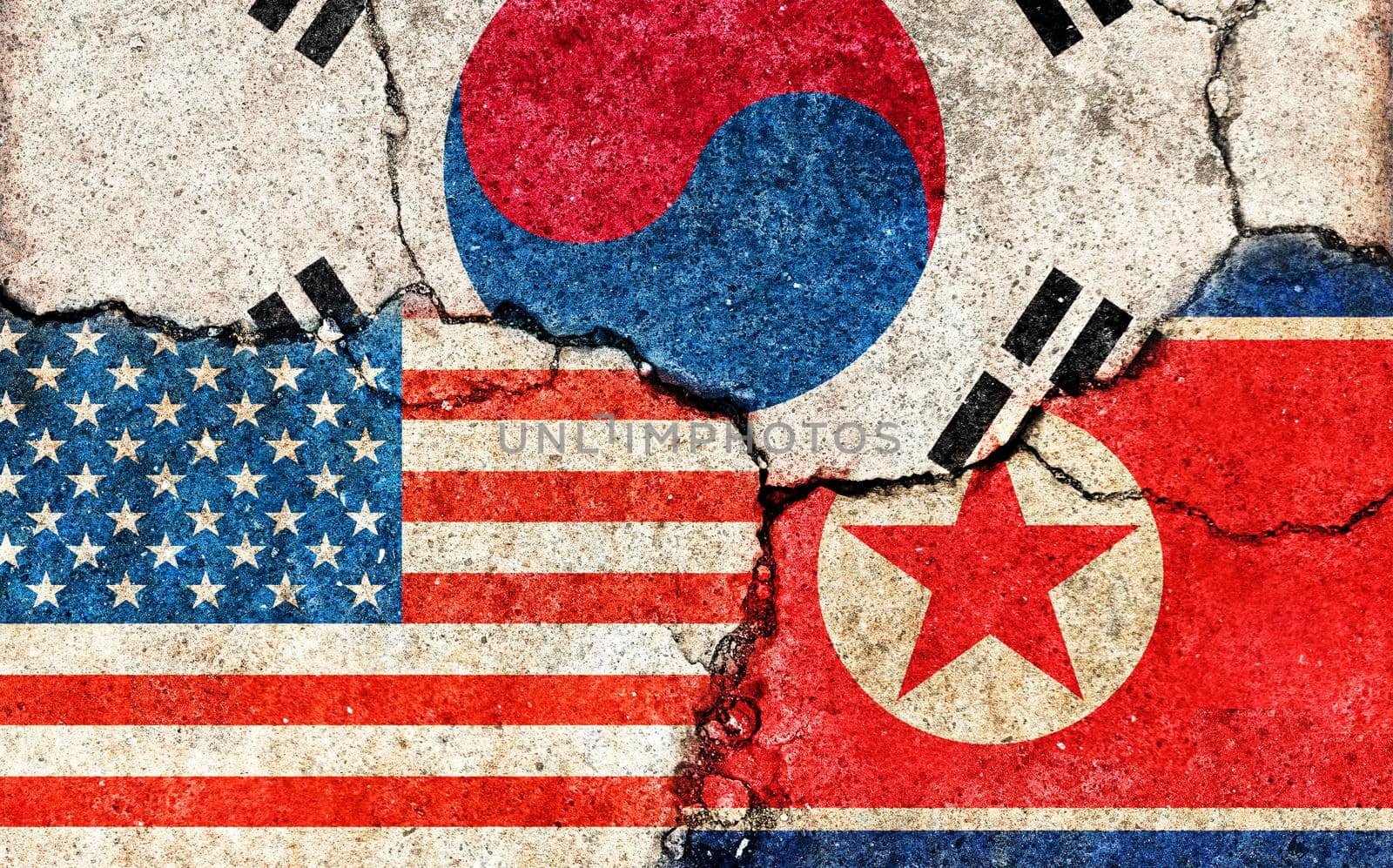 Grunge flags illustration of three countries with conflict and political problems (cracked concrete background) | USA, South korea and North korea
