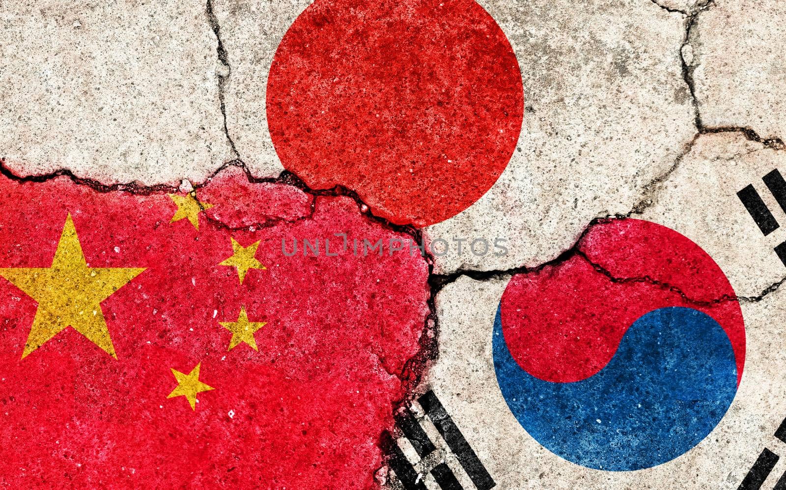 Grunge flags illustration of three countries with conflict and political problems (cracked concrete background) | China, Japan and South korea by barks