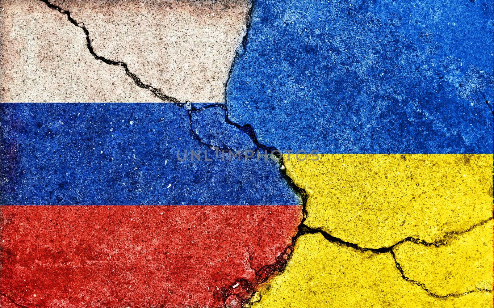 Russia vs Ukraine (War crisis , Political conflict). Grunge country flag illustration (cracked concrete background)