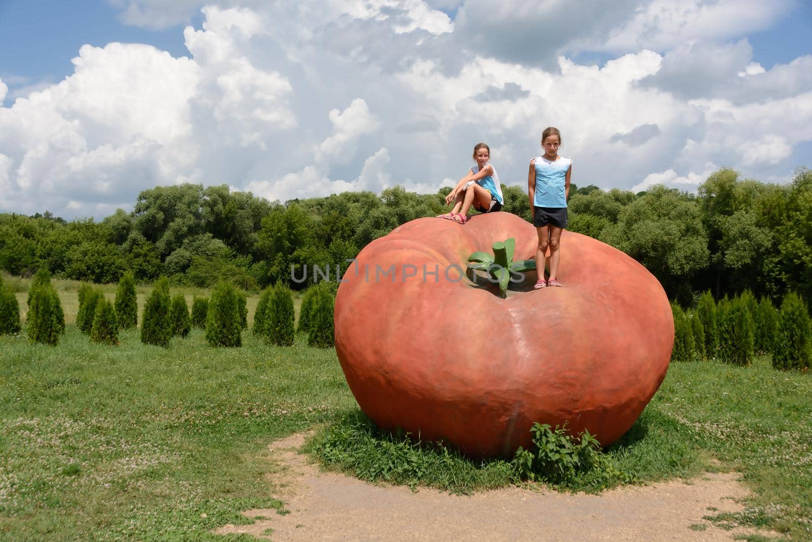 Two twins caucasian girls 9 years sitting on giant tomato