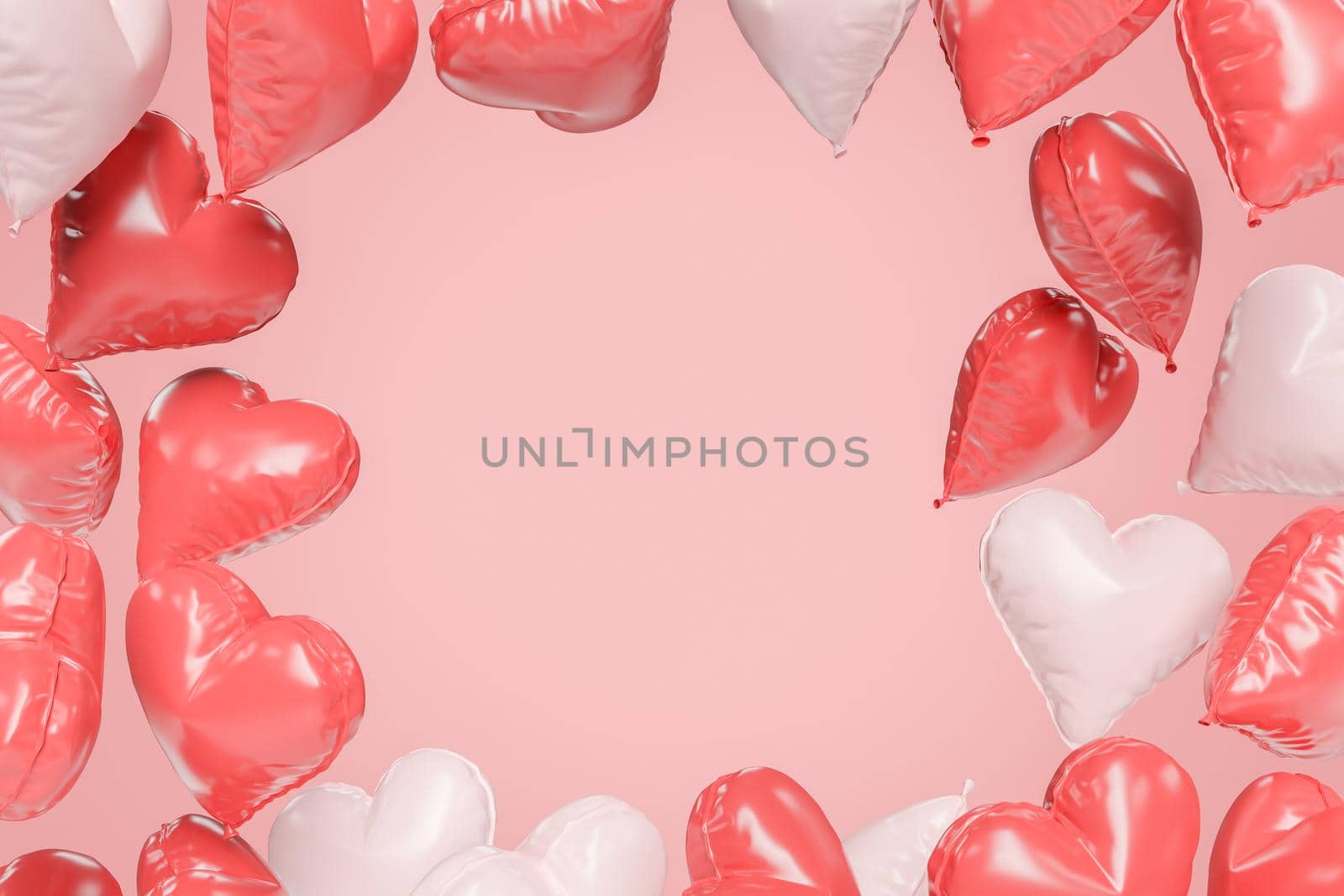 background full of heart balloons with empty space in the center. concept of valentine's day, mother's day, gifts, greeting card and love. 3d rendering