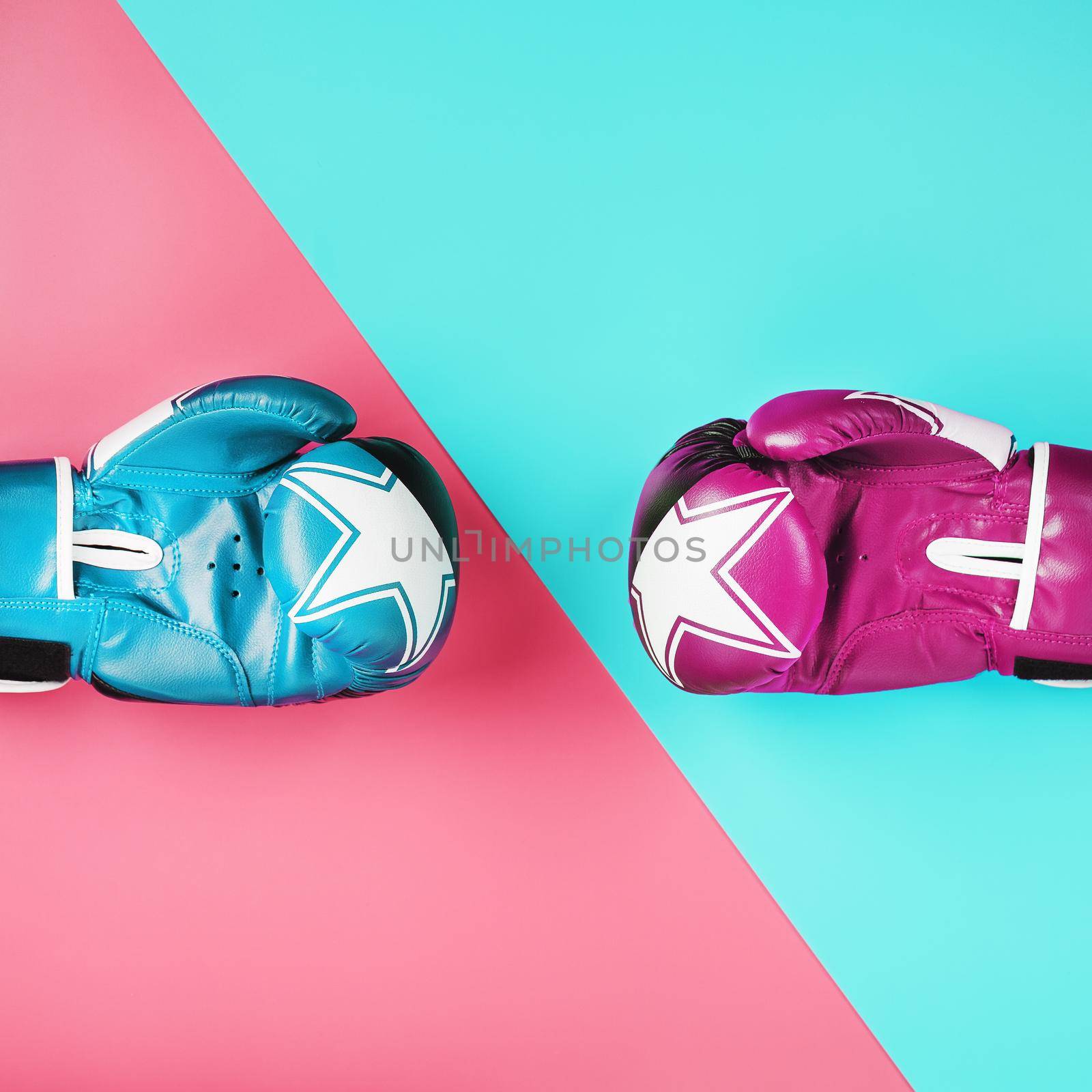A pair of blue and pink boxing gloves on a blue and pink background. by AlexGrec
