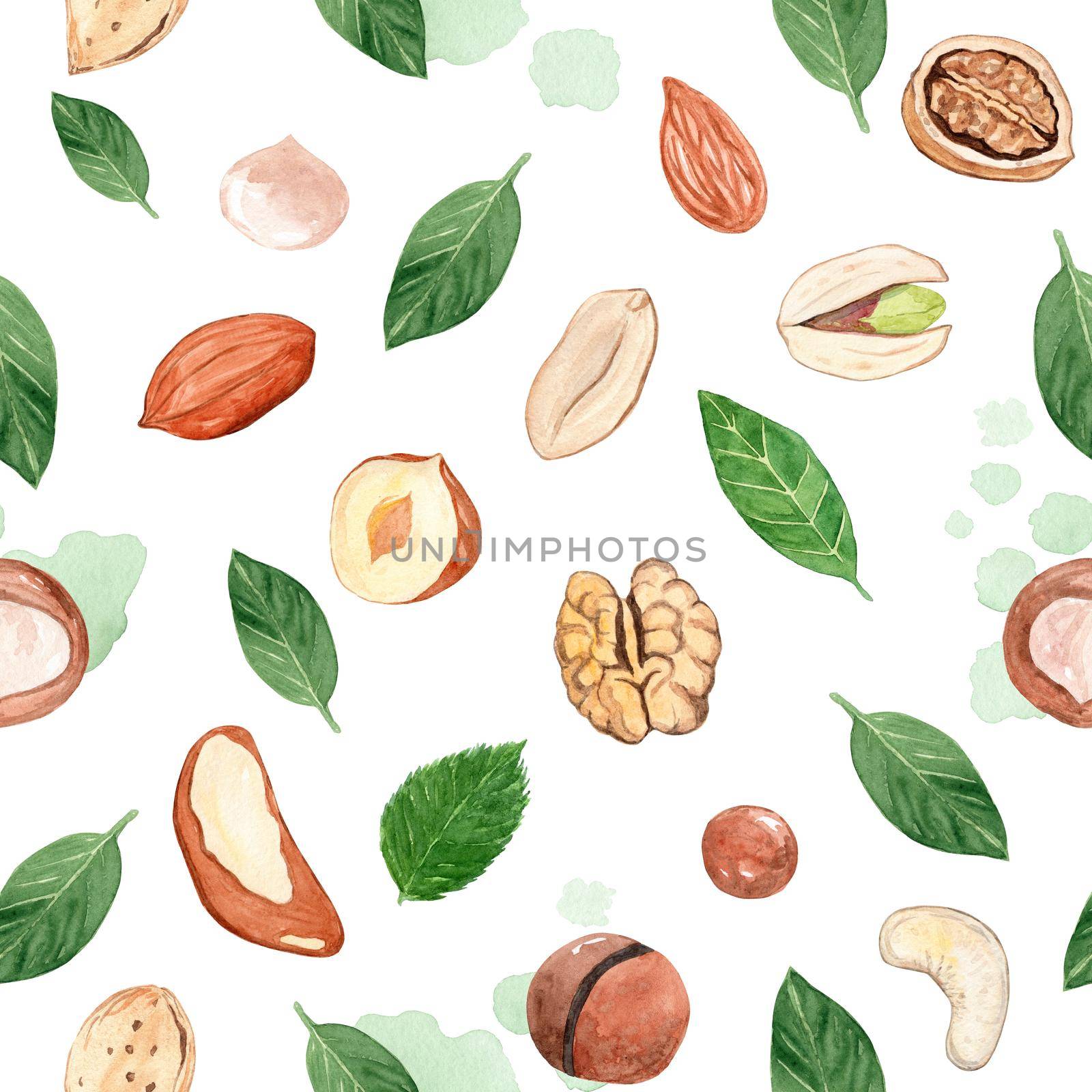 watercolor nuts mix seamless pattern on white background by dreamloud