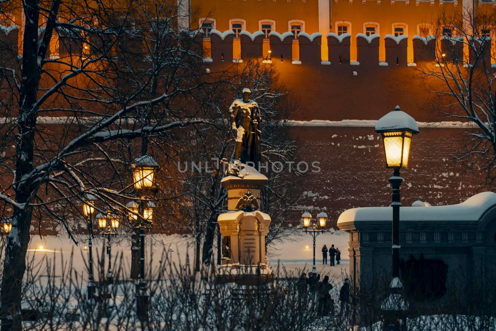 01.22.2022 Moscow, Russia. Monument to Alexander the First in the Alexander Garden on a snowy winter night