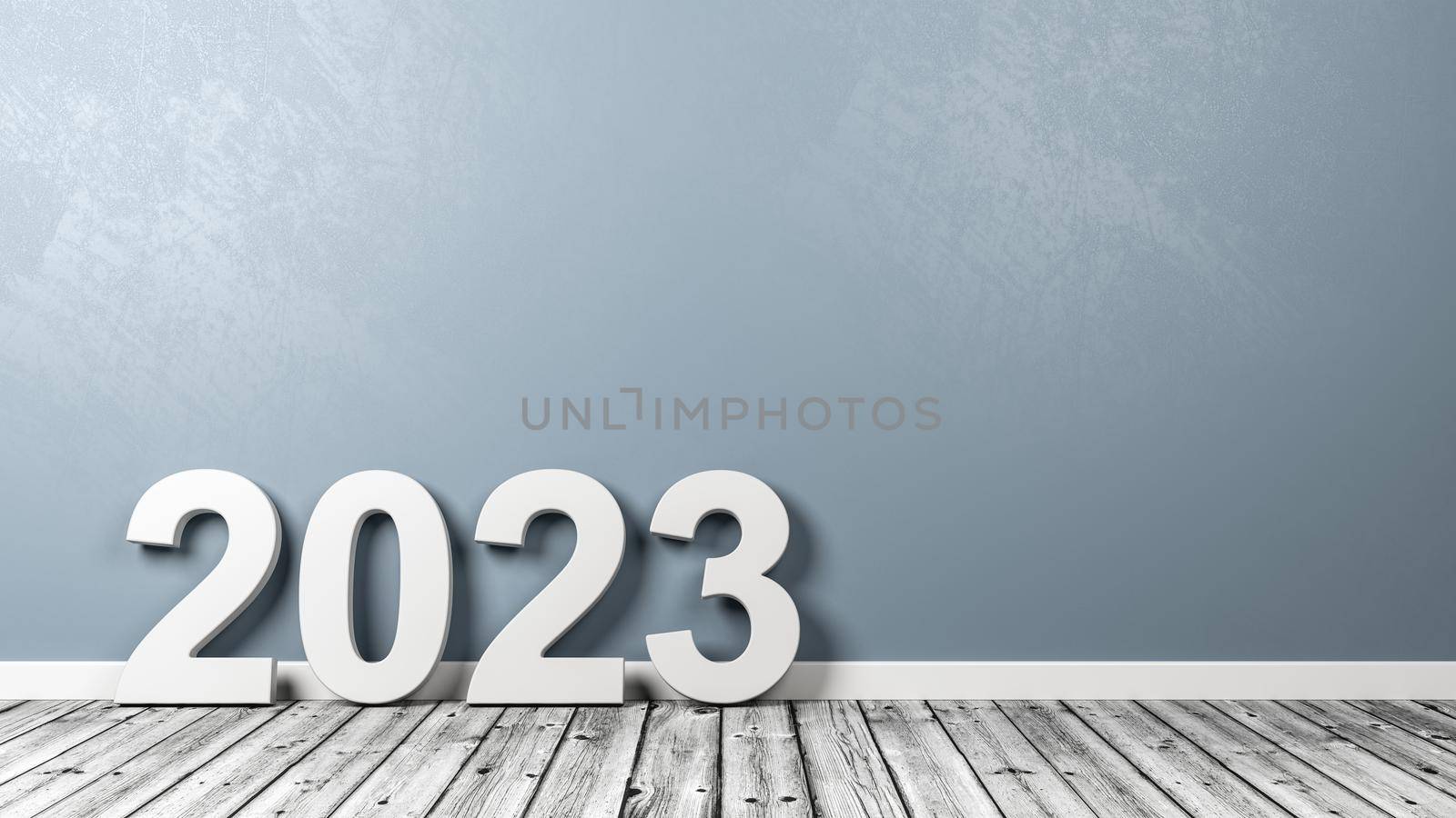 White 2023 Number Text Shape on Wooden Floor Against Grey Wall with Copyspace 3D Illustration