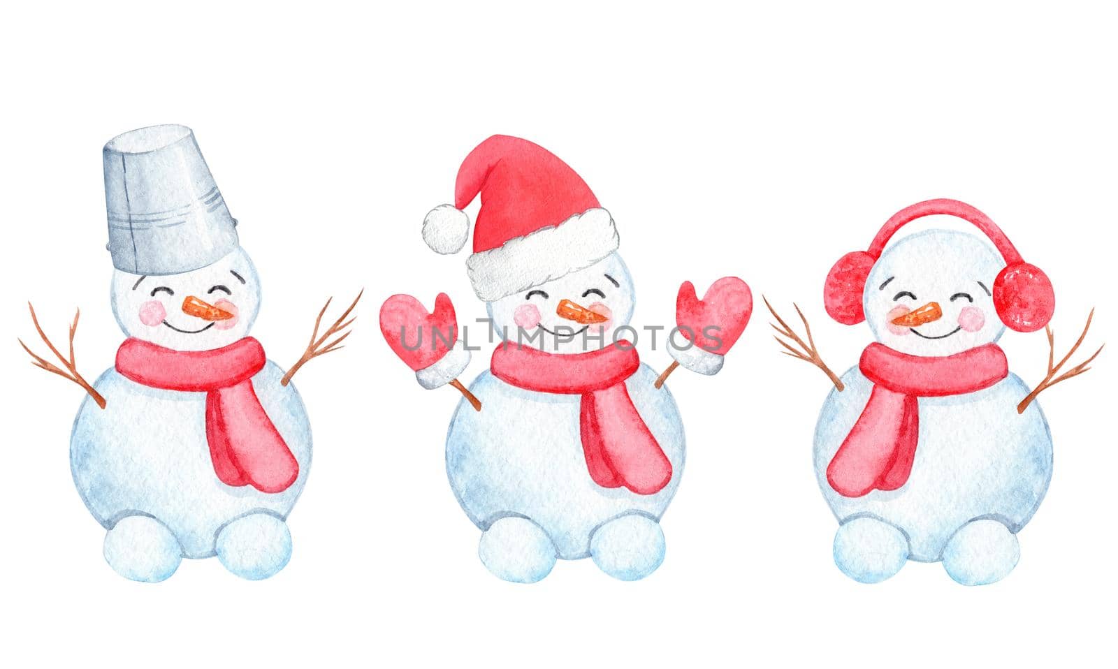 Watercolor happy snowman set isolated on white background