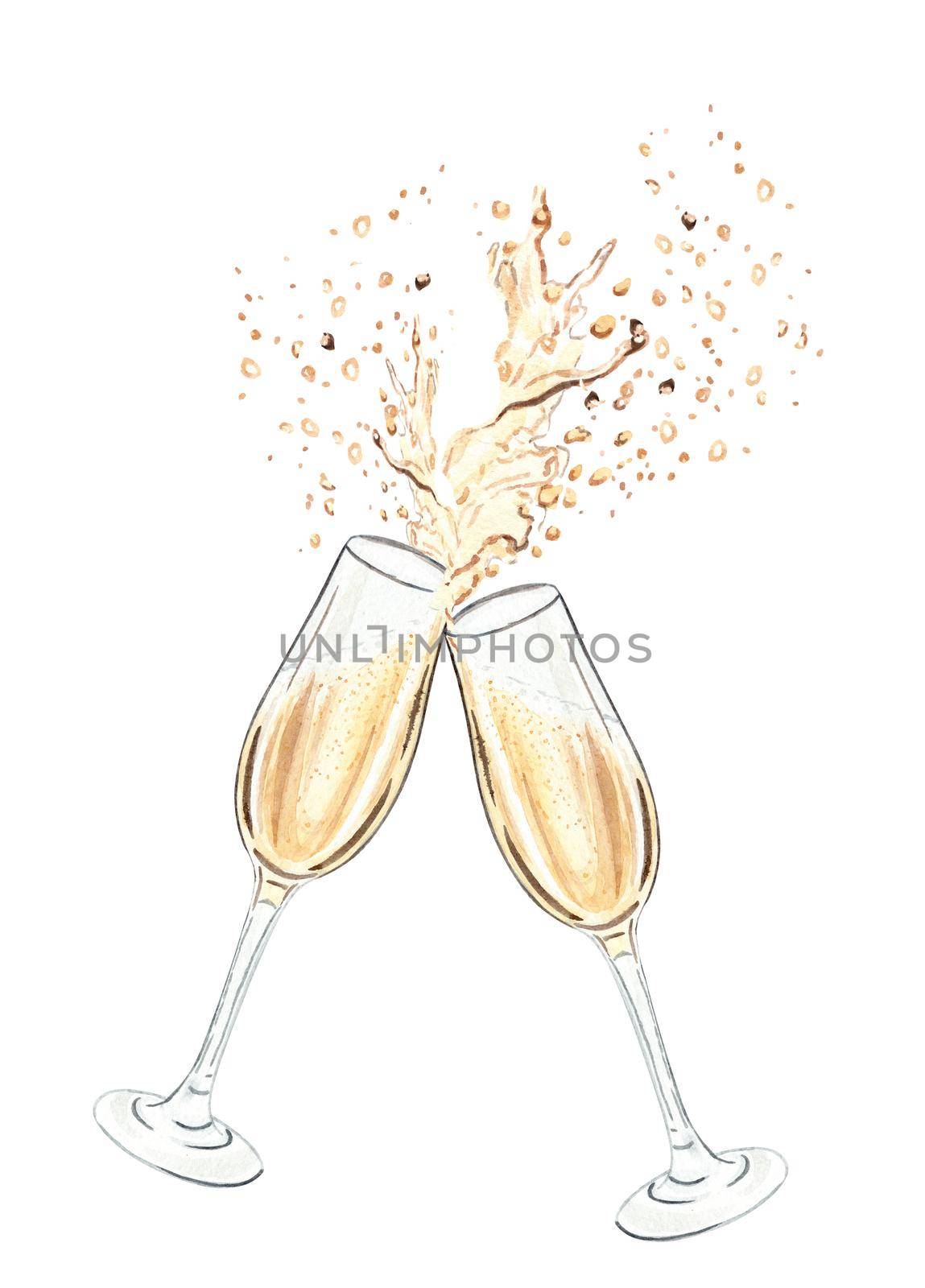 Watercolor champagne glasses splashing isolated on white background. Sparkling white wine glasses hand drawn illustration. cheers