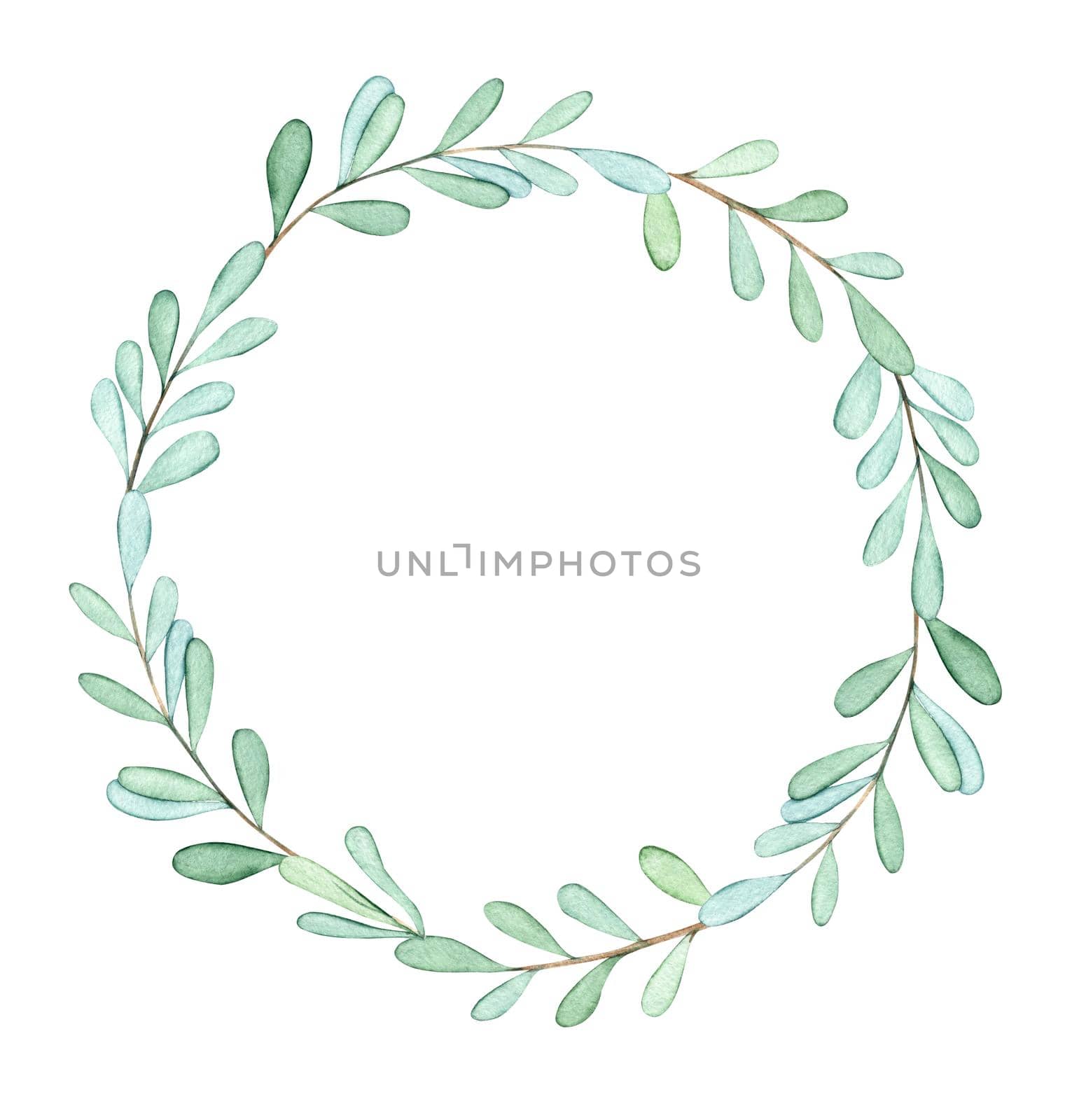 Watercolor mistletoe wreath isolated on white background. Branch with leaves round border for wedding invitation, logo, cards, design