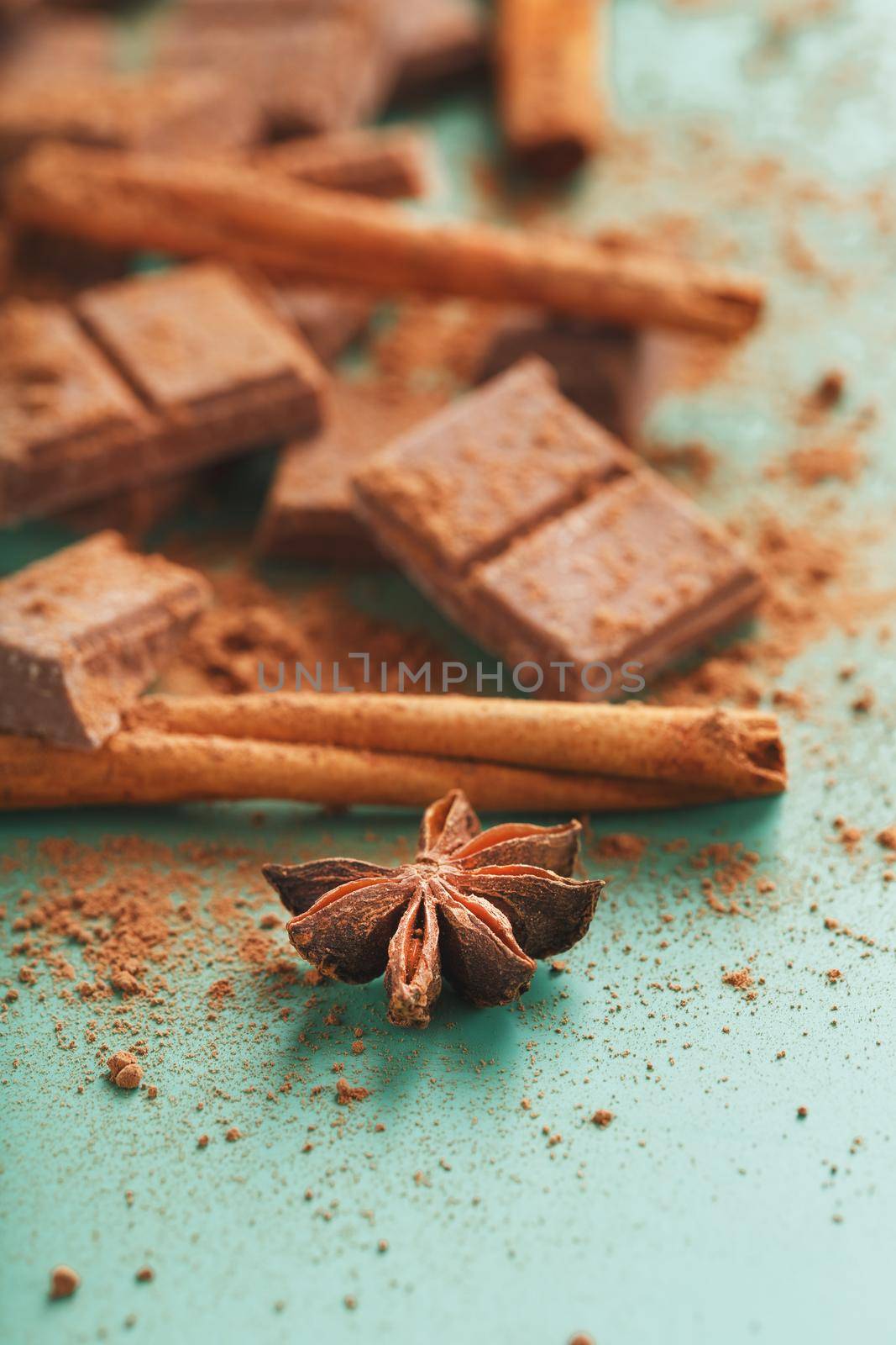 Chocolate broken into slices with cocoa powder and spices on a green background. Close-up