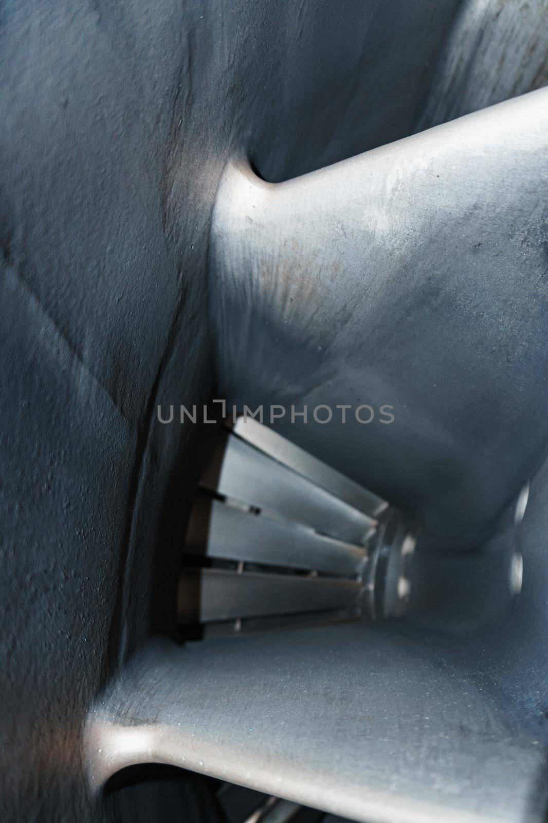 The blades and the flow part inside the gas turbine. Jet engine fan blade from inside