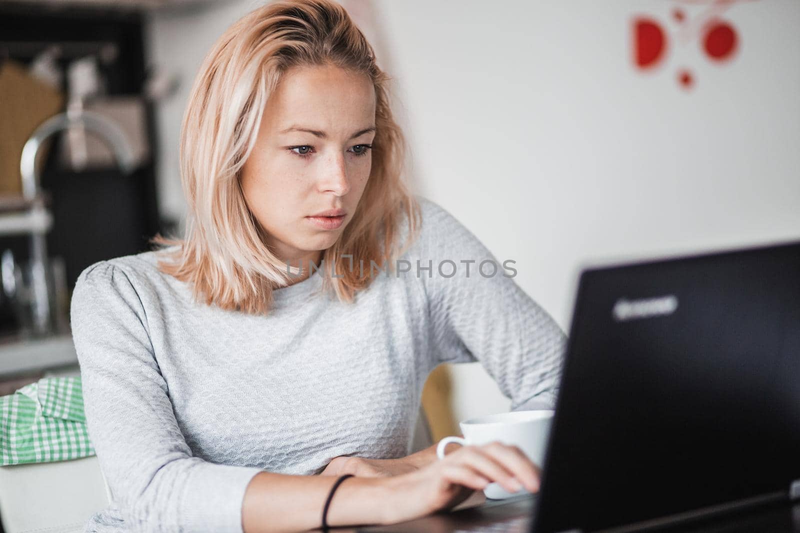 Female freelancer in her casual home clothing working remotly from her dining table in the morning. Home kitchen in the background. by kasto