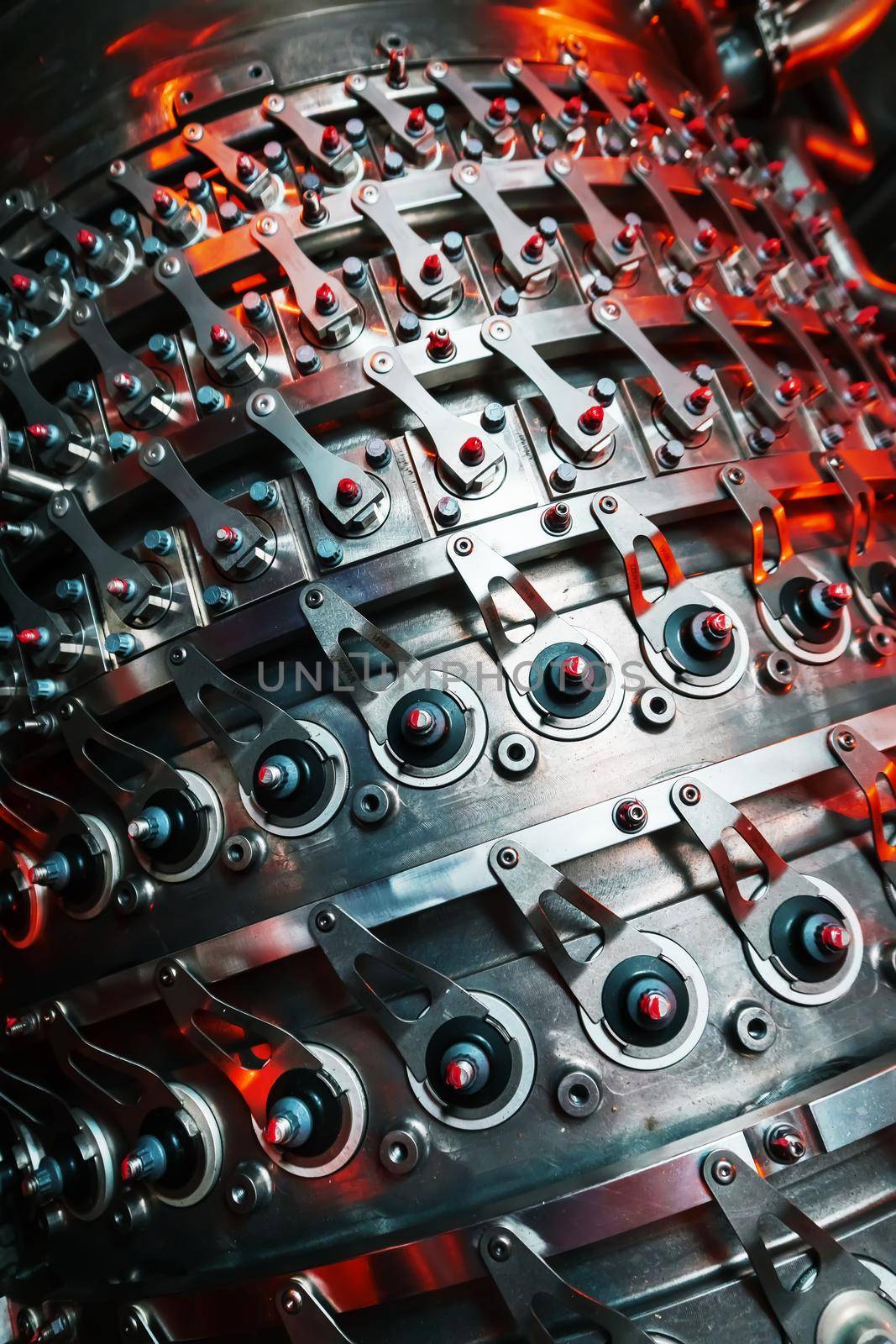 Parts of the operational gas turbine engine of a jet aircraft. Heavy industry and industry. Selective focus