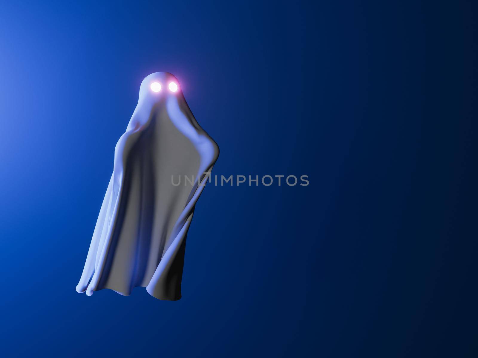 ghost with illuminated eyes on dark background with neon lighting. minimal halloween concept. 3d rendering