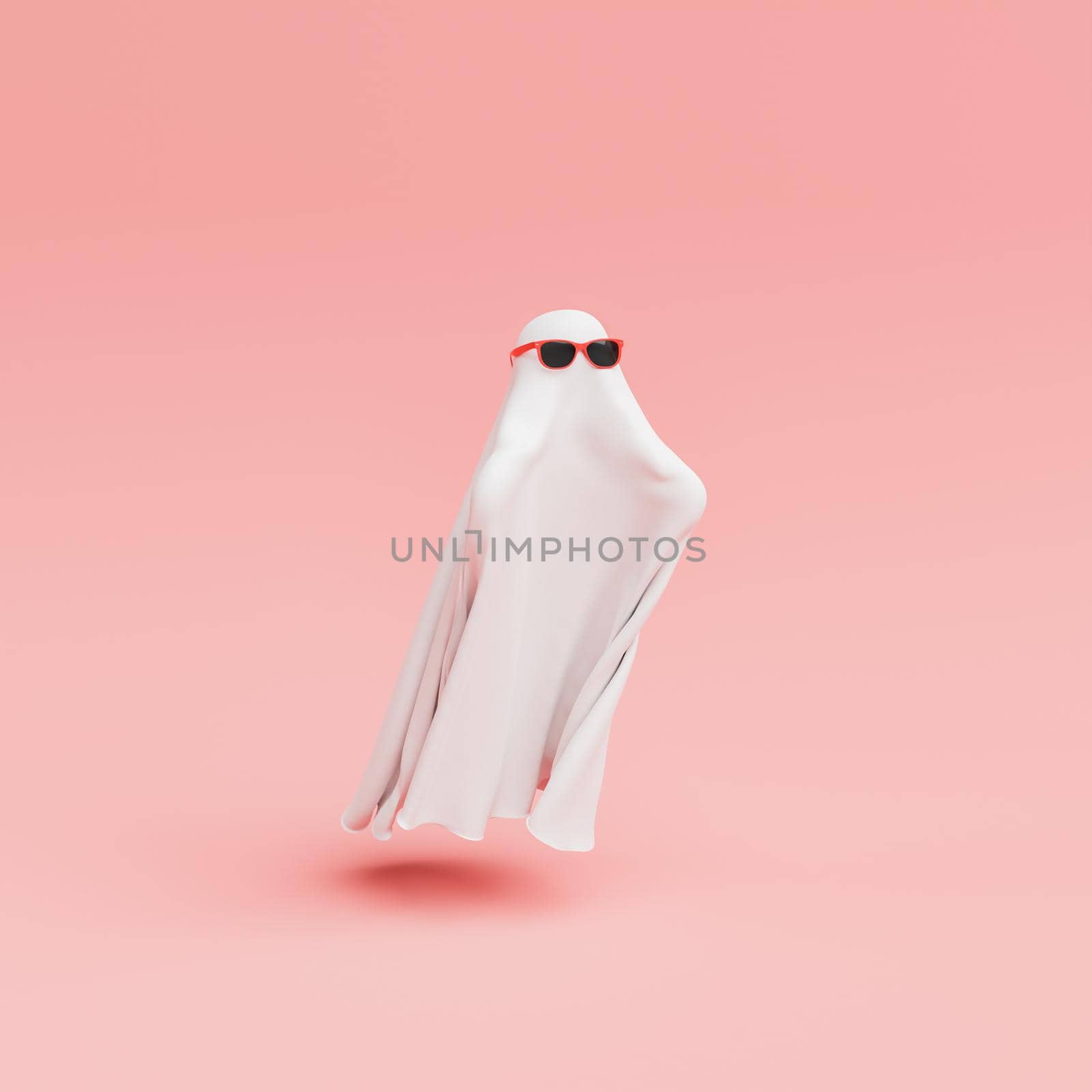 ghost with red sunglasses, white blanket and outstretched arms on minimalistic pastel background. halloween and witches night concept. 3d rendering