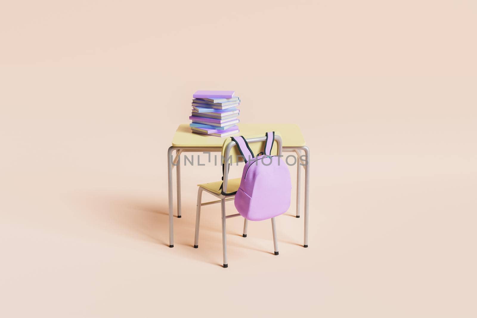 school desk full of books with pink backpack hanging on the chair on pastel beige background. minimalistic scene. concept of education and back to school. 3d rendering