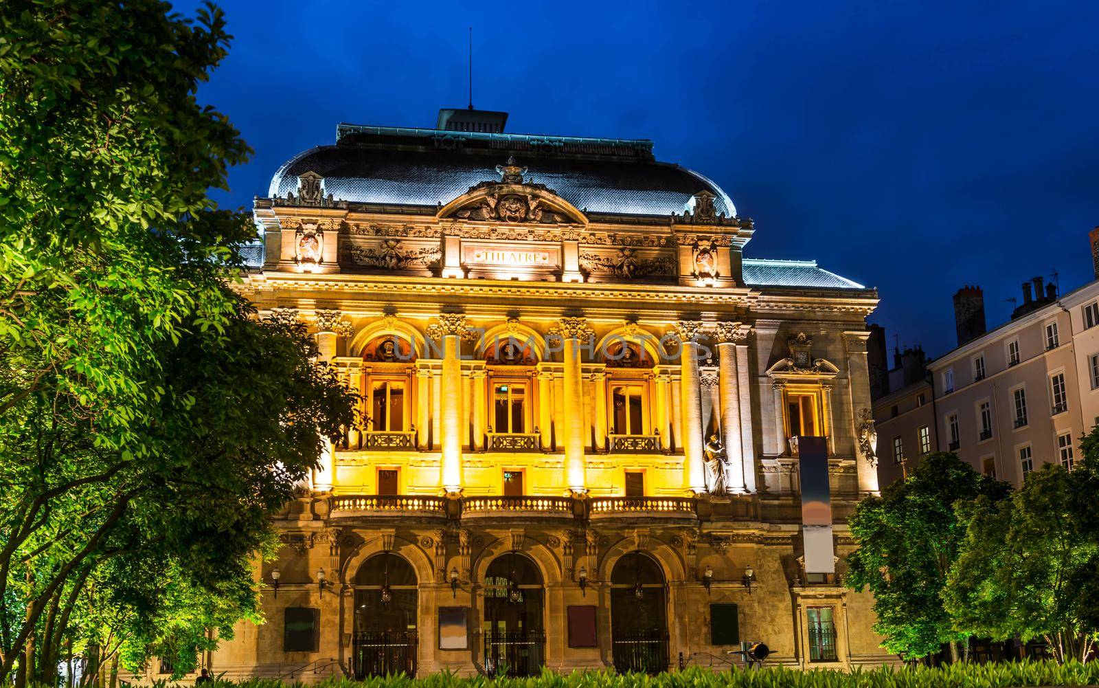 Theater des Célestins illuminated at night, in Lyon in the Rhône, France by Frederic