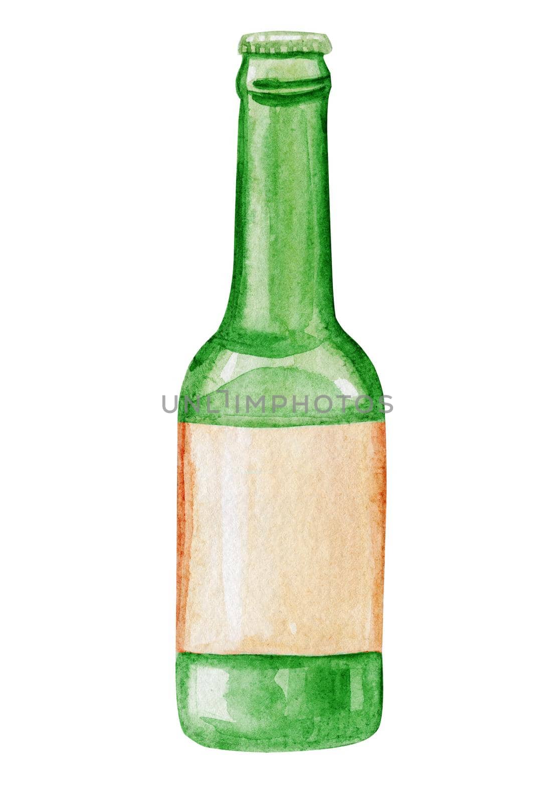 Watercolor green beer bottle isolated on white background.