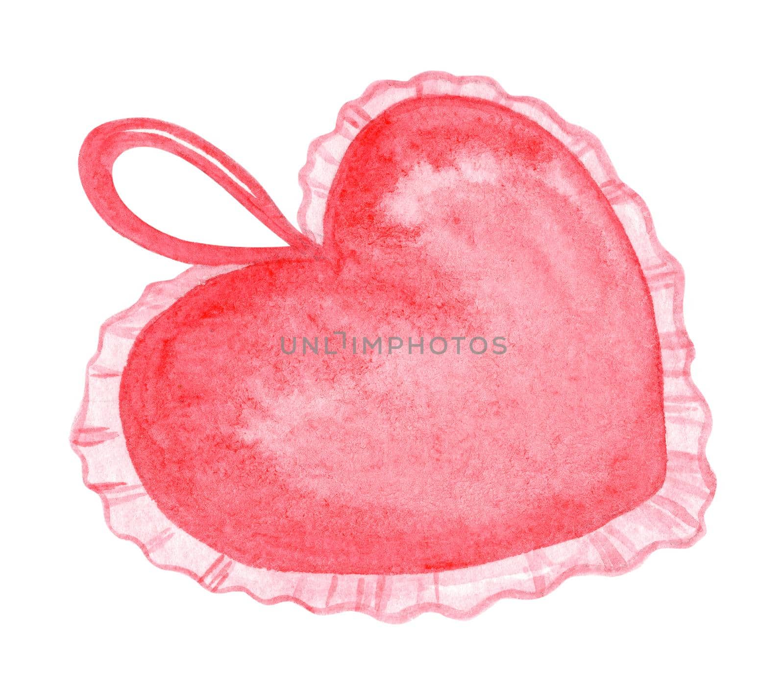 Watercolor red pin cushion isolated on white background. Heart pillow for needles by dreamloud