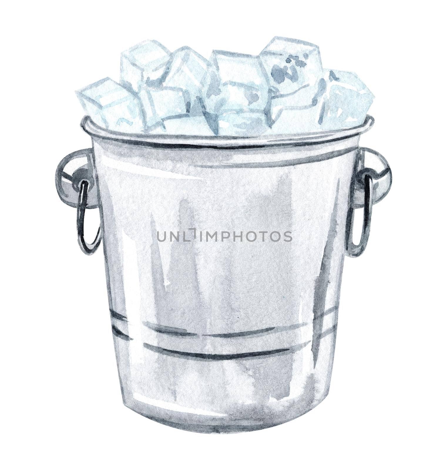 Watercolor bucket with ice isolated on white background. Container for cool alcohol drinks