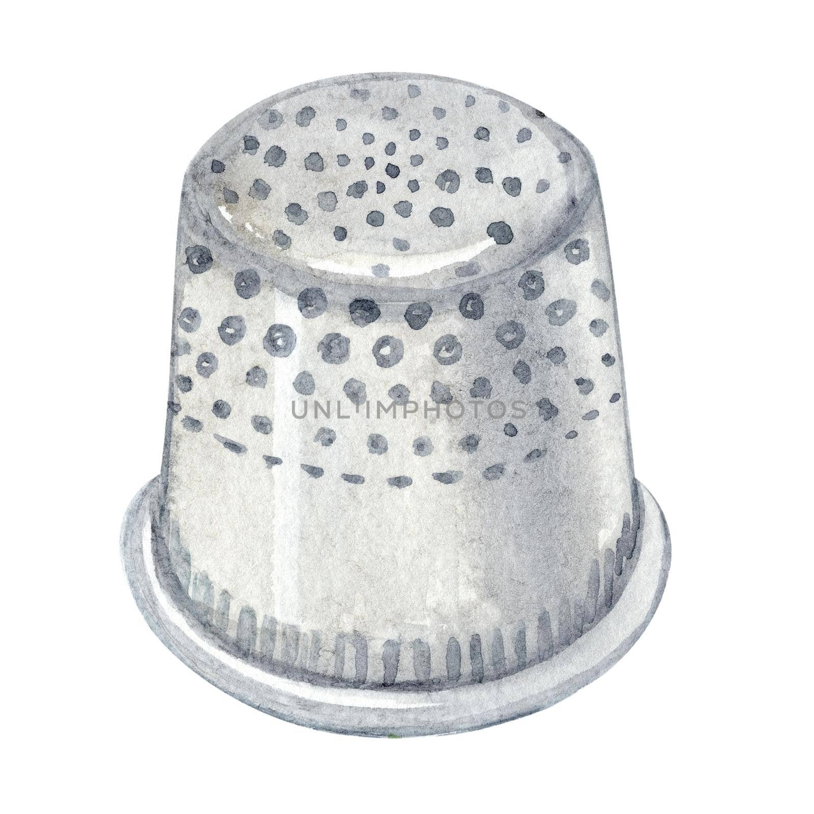 Watercolor gray thimble isolated on white . Sewing protect tool by dreamloud