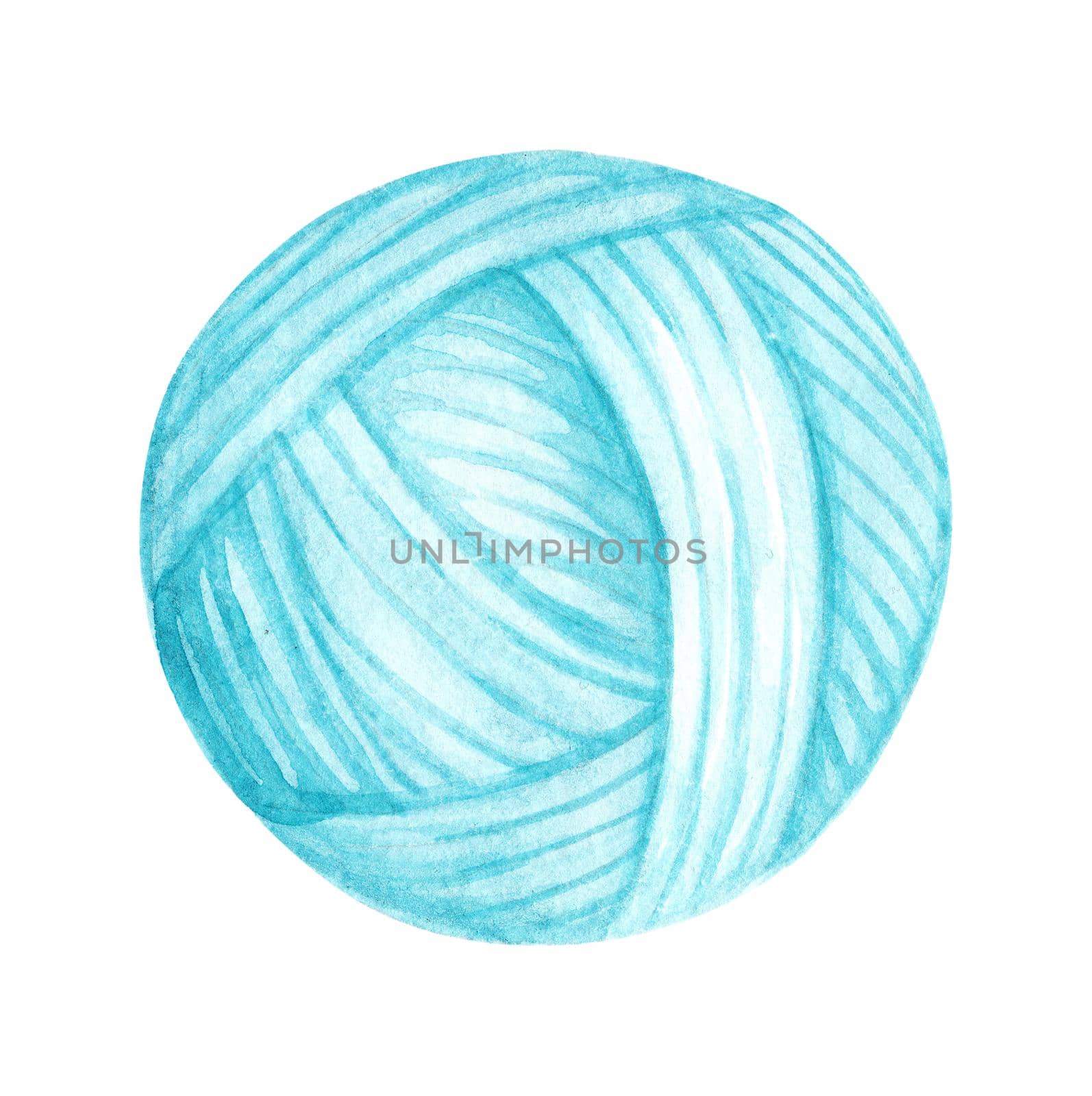 Watercolor blue ball of yarn for knitting isolated on white background.