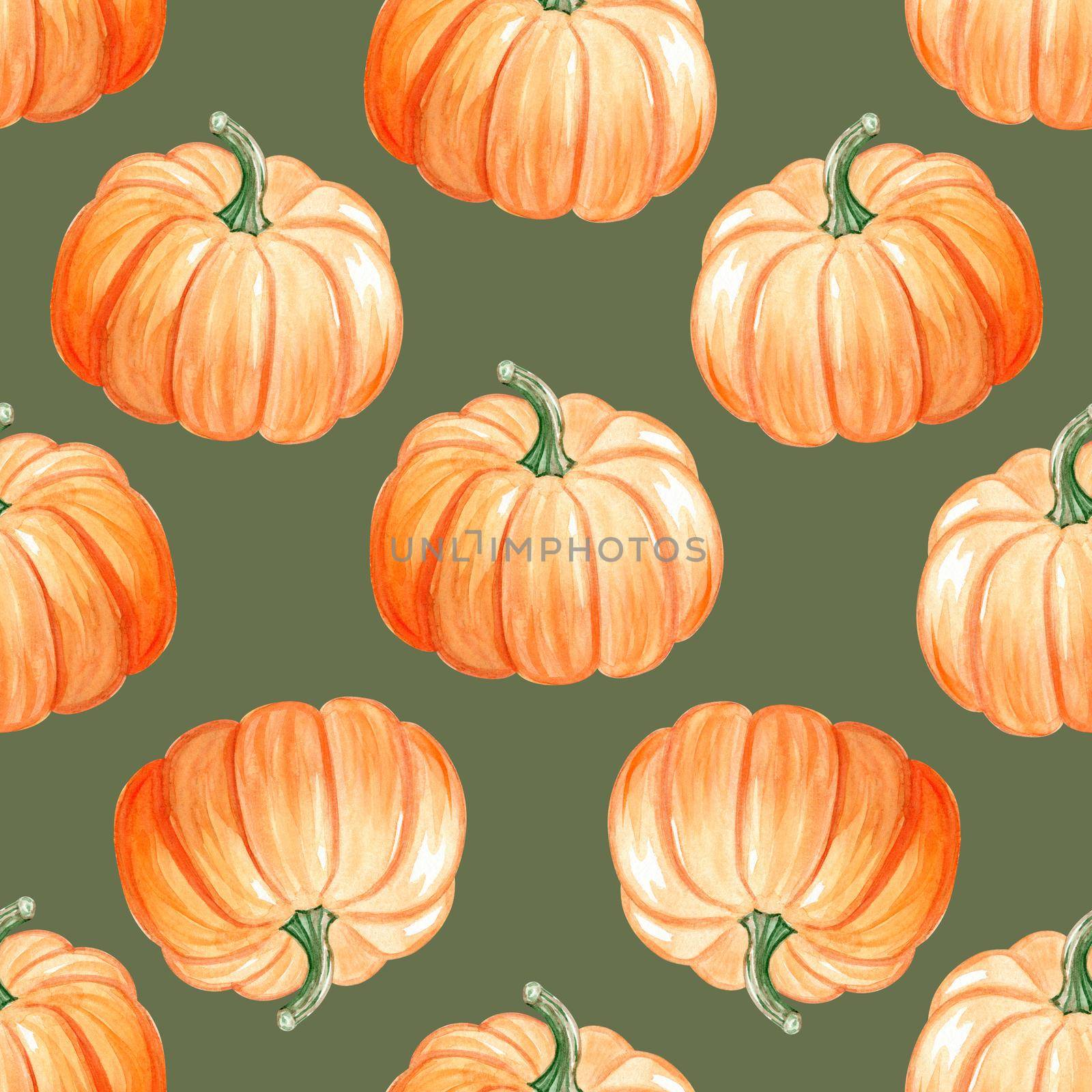 Watercolor pumpkins seamless pattern on green background. Orange pumpkin print by dreamloud