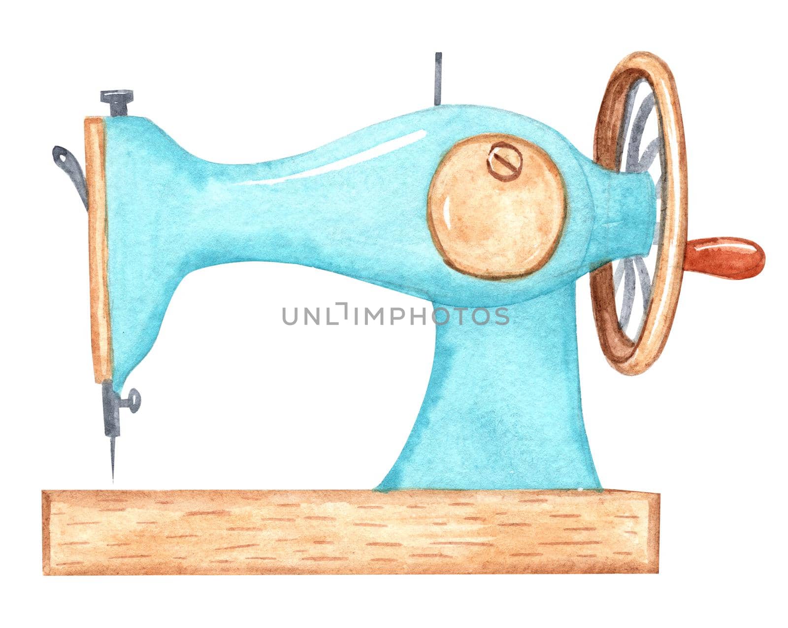 Sewing machine isolated on white background. Blue vintage mechanism watercolor hand drawn illustration