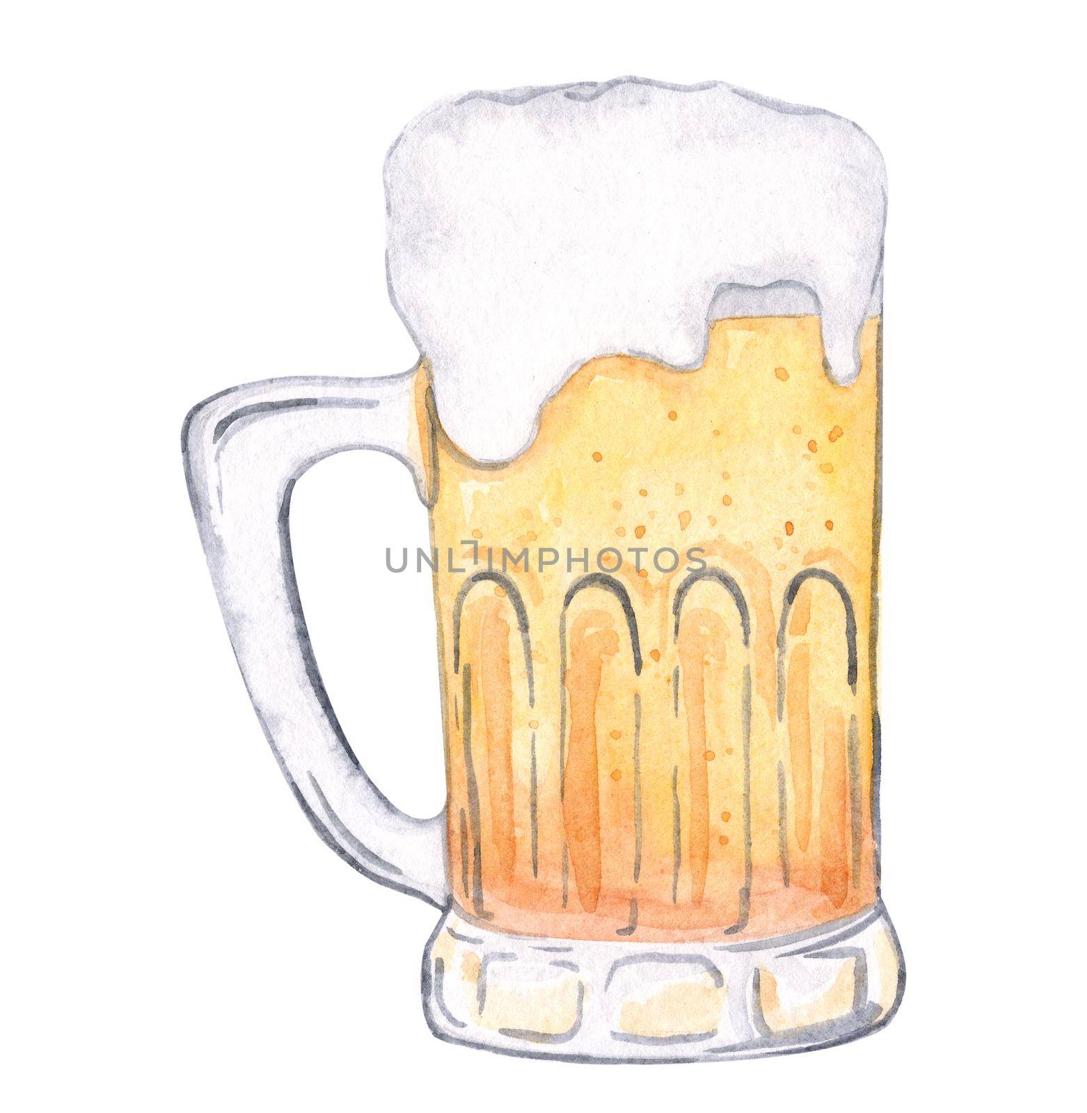 Watercolor beer mug isolated on white background. Hand drawn yellow alcohol drink in glass