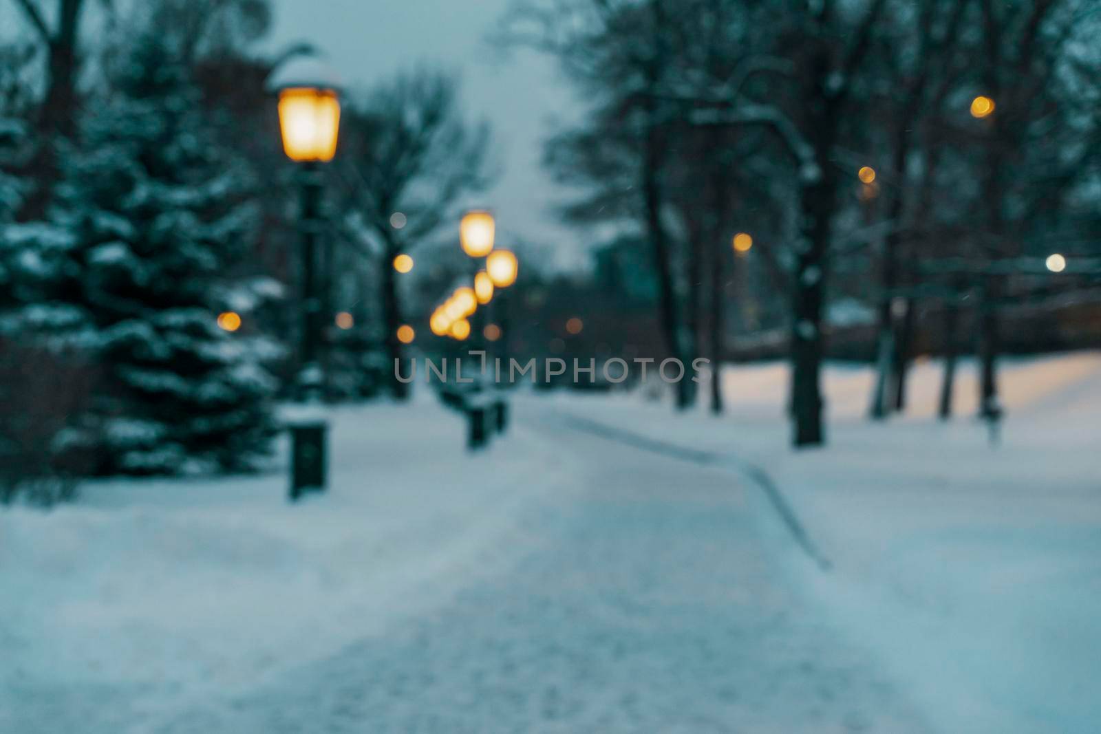 snow-covered alley on a winter night in the center of moscow. by Lena_Ogurtsova
