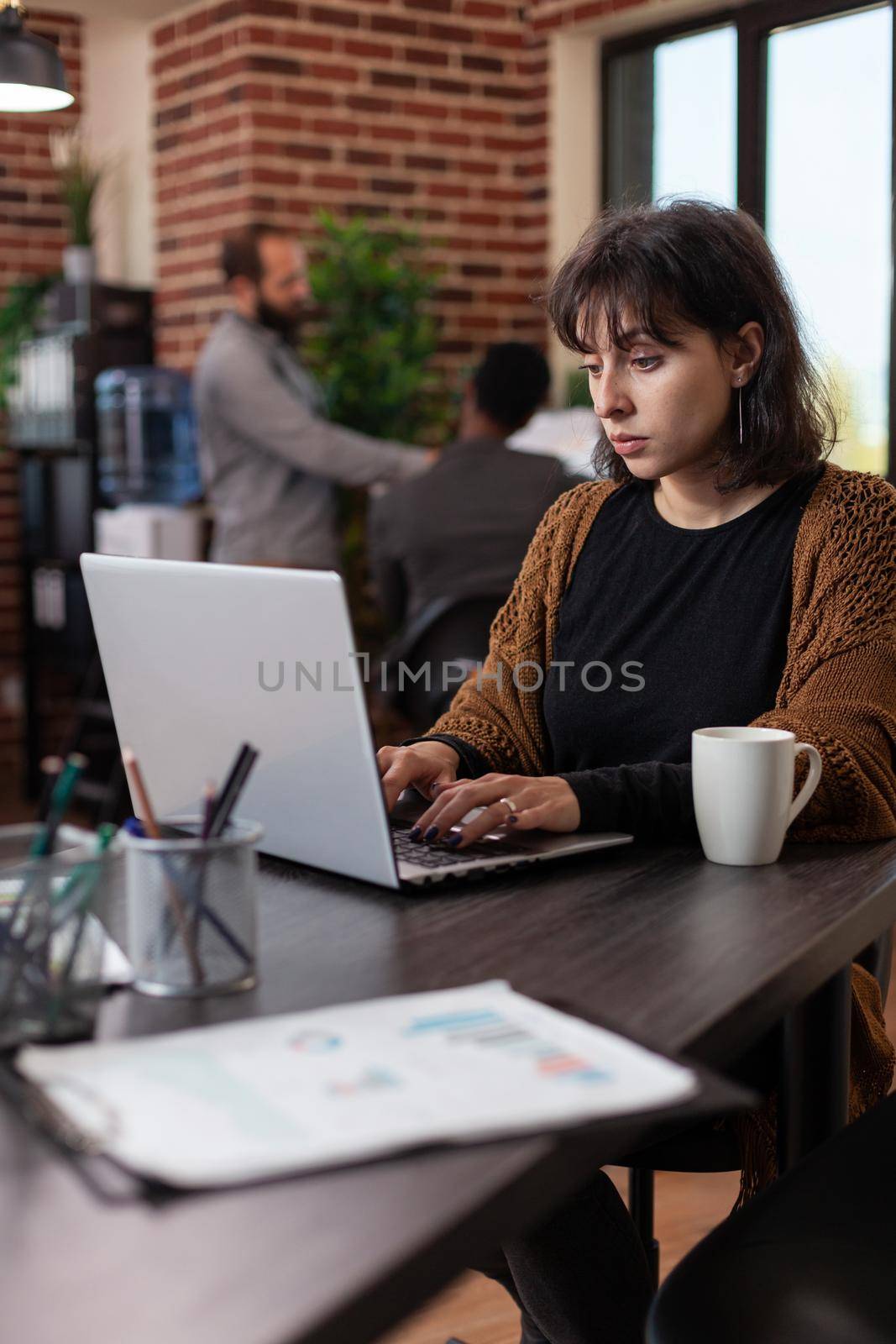 Entrepreneur woman analyzing company statistics typing marketing strategy by DCStudio