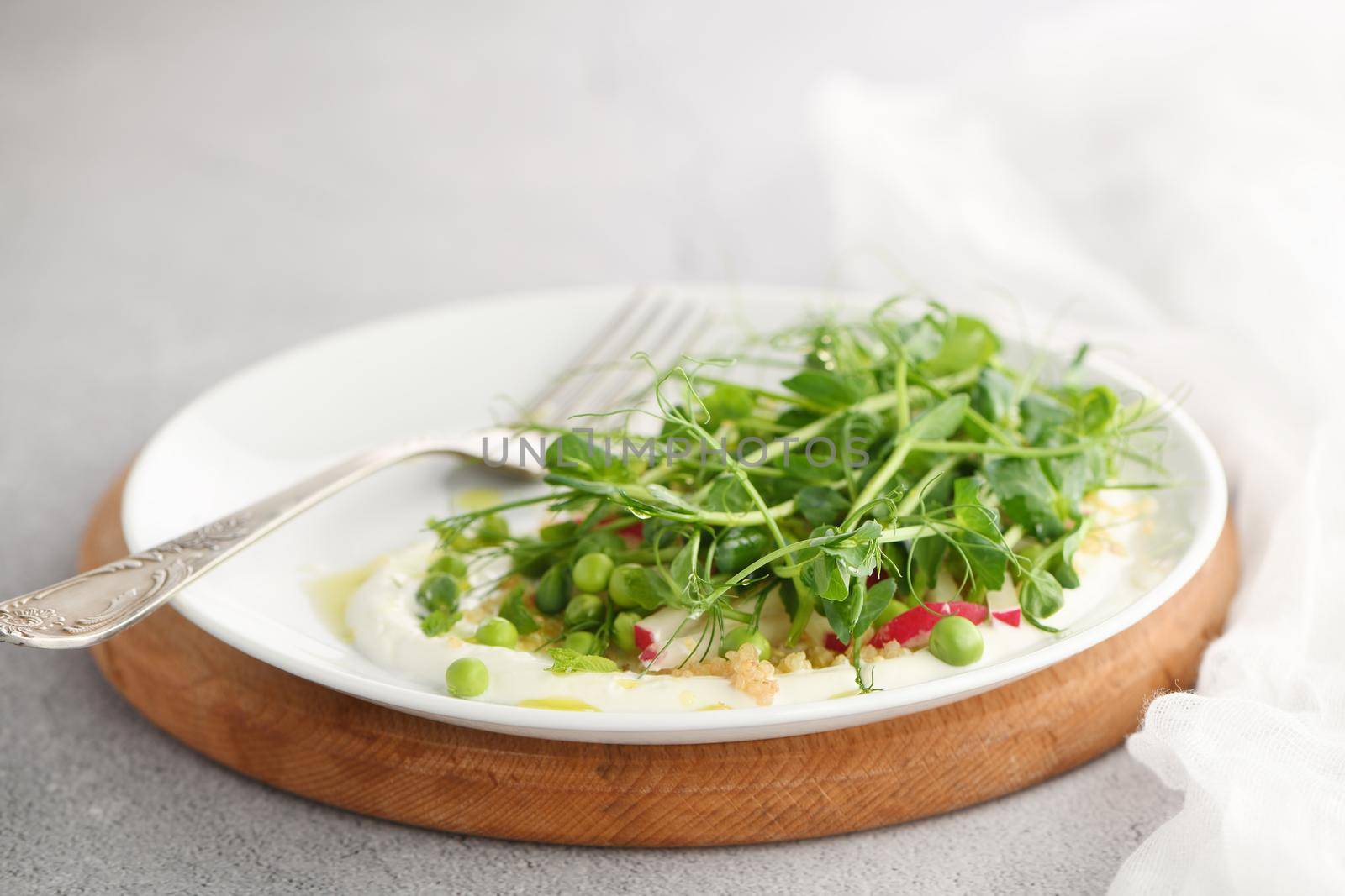 Vegan healthy salad made microgreen sprouts peas, quinoa, radish, mint and yogurt 