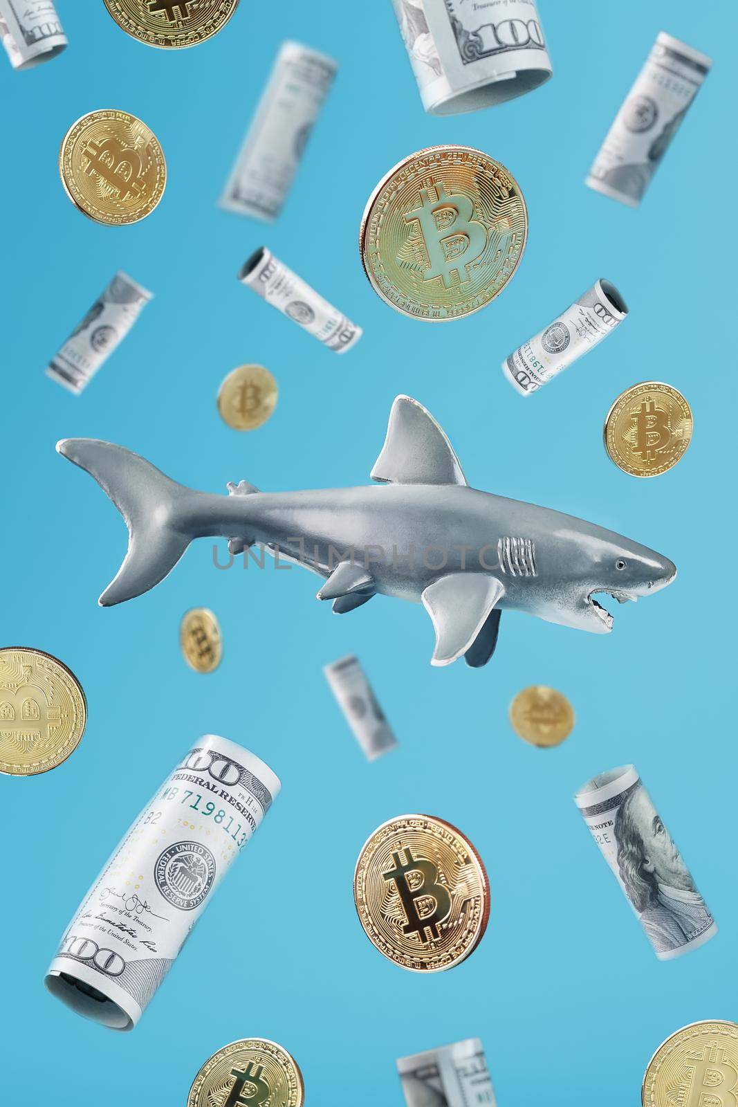 A great white shark around cryptocurrency and money on a blue background. Conceptual Metaphorical Image of Dangerous Sharks of Business and Forex Investing