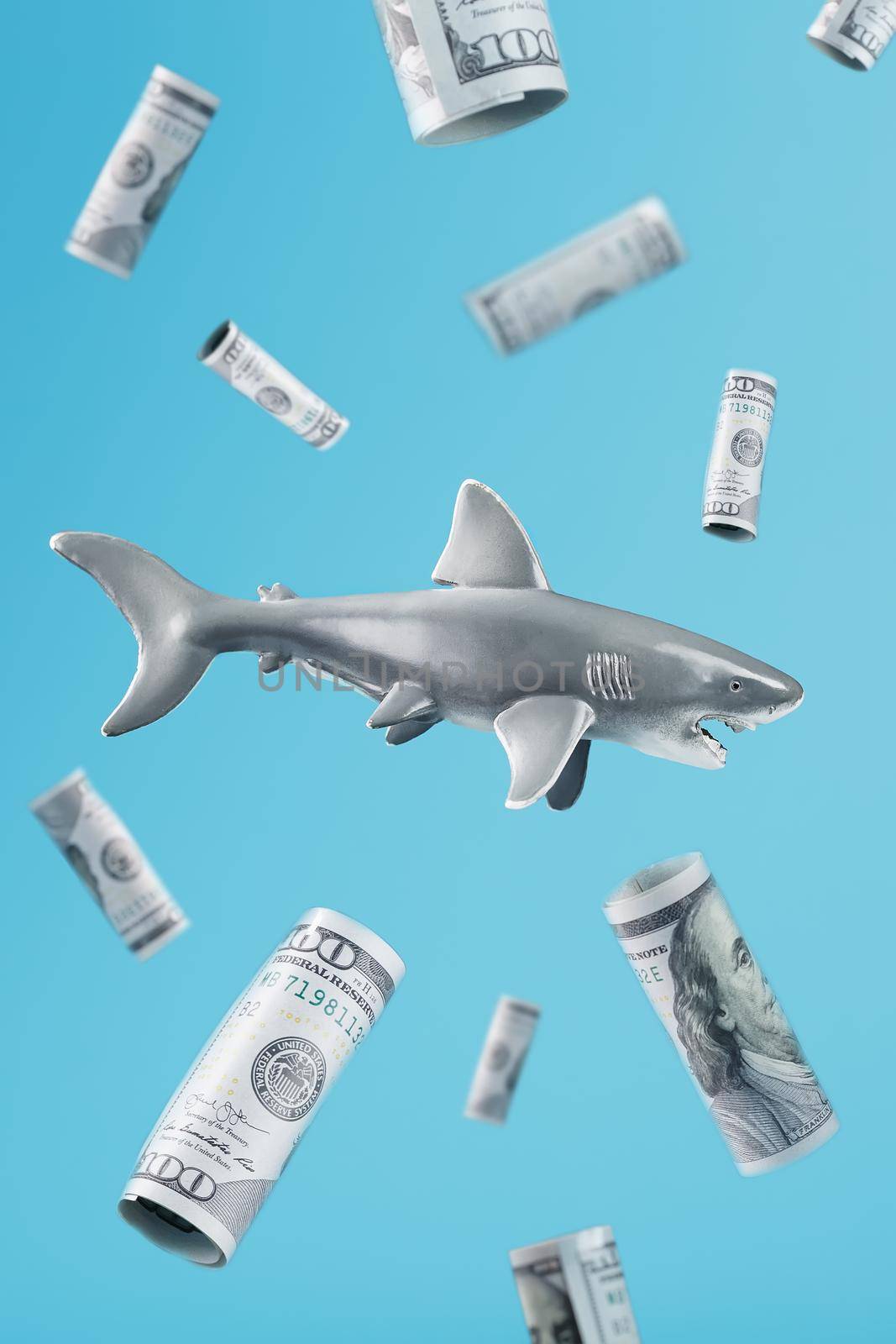 A shark in the center surrounded by 100 dollar bills on a blue background. Conceptual metaphorical image of dangerous predators in business and investing