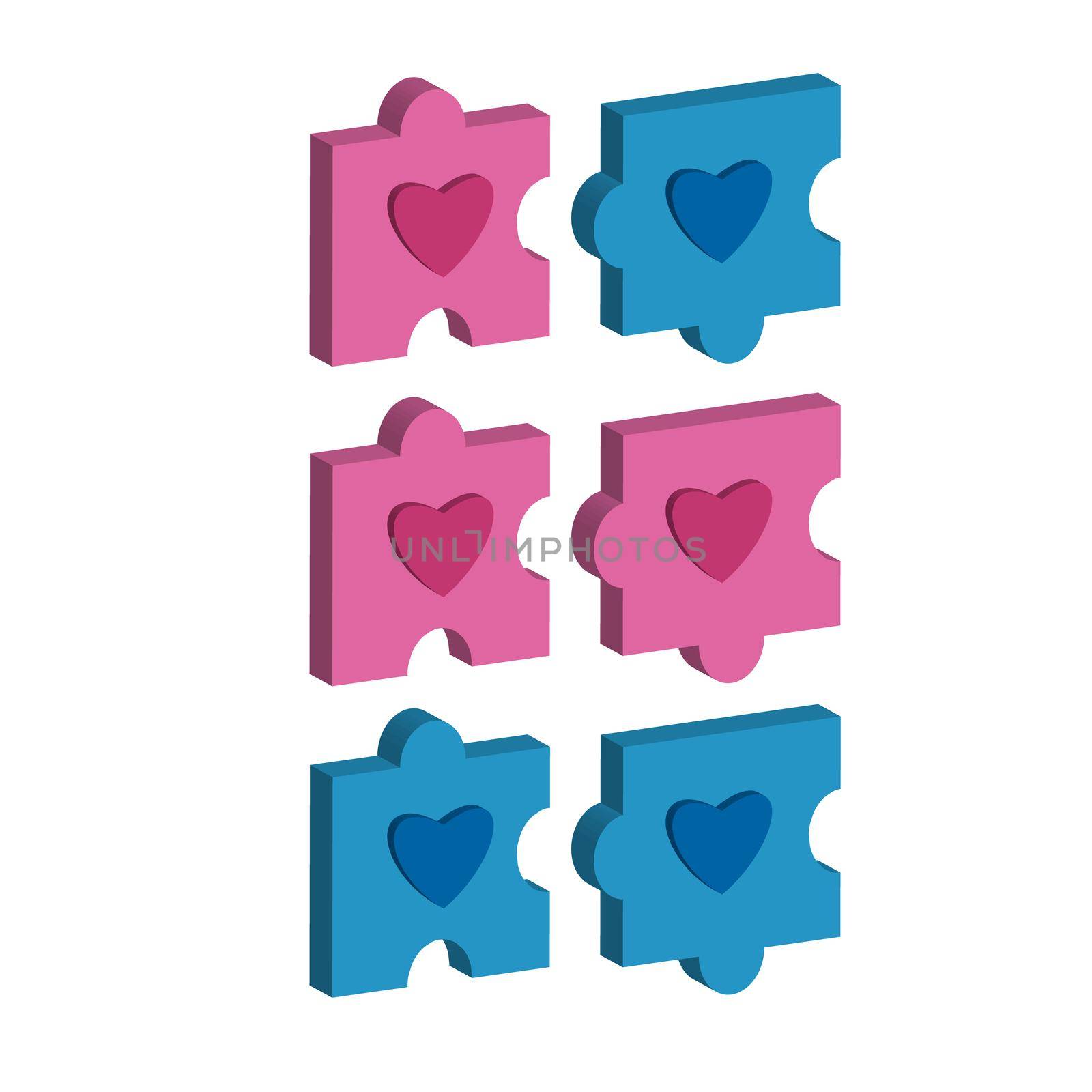 Puzzle pieces with a heart. Love between women and men. Love concept. Isometric style